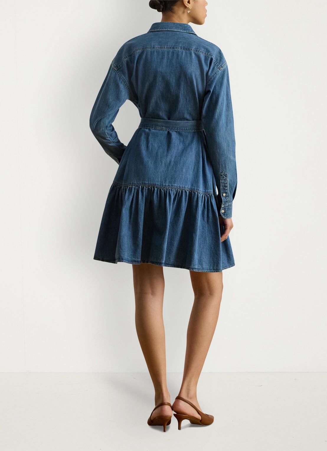 Ralph Lauren Midi blousejurk van chambray met strikceintuur - achterkant 5 galvin wash / blauw