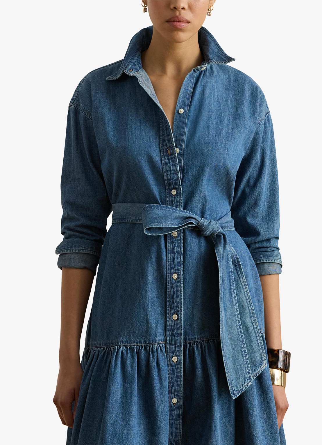 Ralph Lauren Midi blousejurk van chambray met strikceintuur - detail galvin wash / blauw