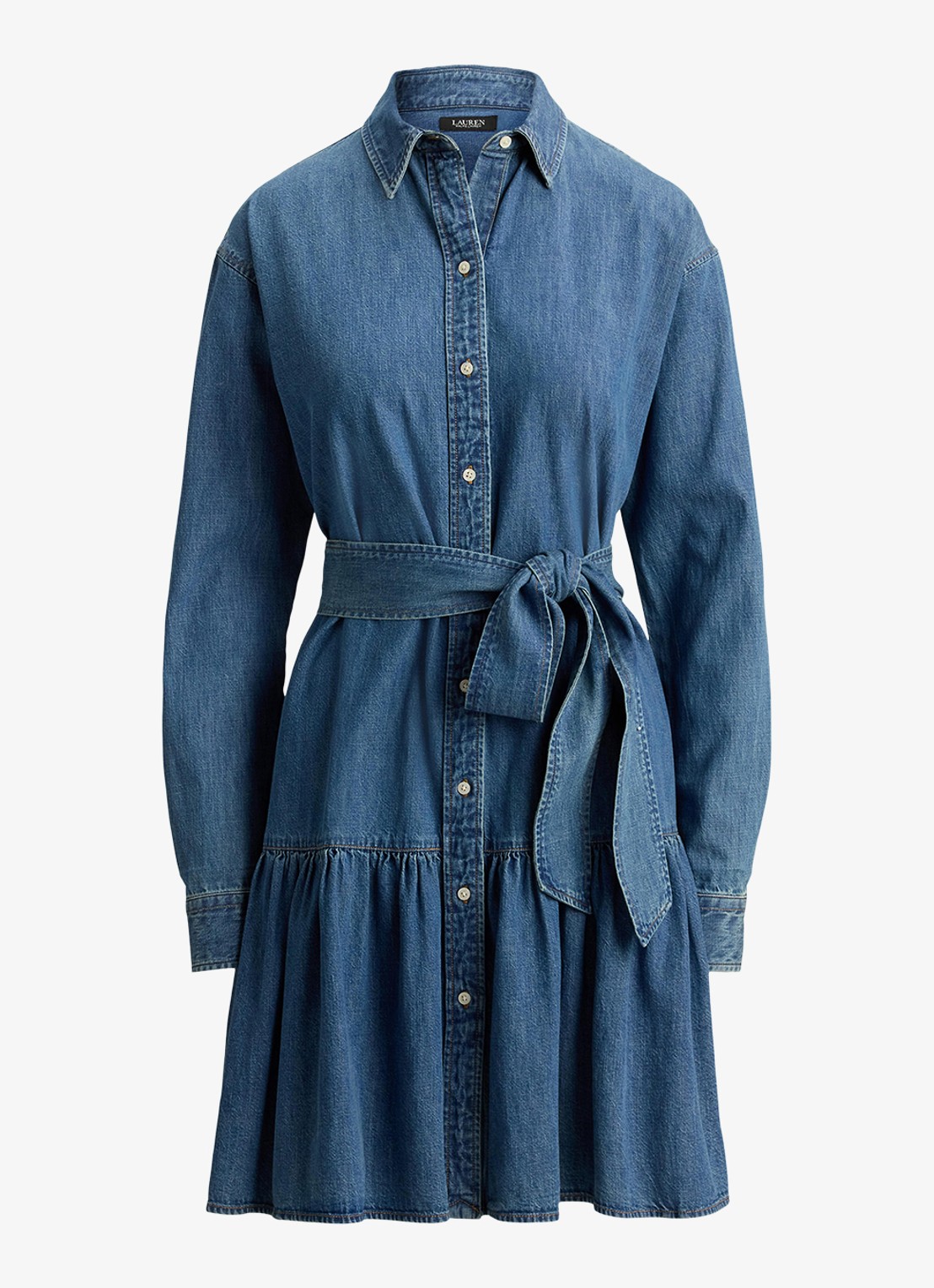Ralph Lauren Midi blousejurk van chambray met strikceintuur - voorkant 3 galvin wash / blauw