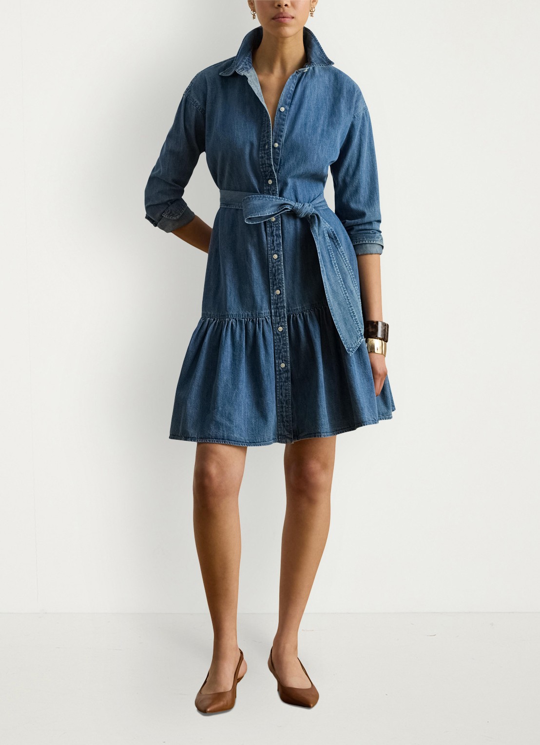 Ralph Lauren Midi blousejurk van chambray met strikceintuur - voorkant 4 galvin wash / blauw