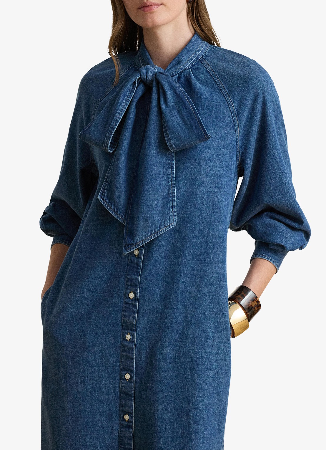 Ralph Lauren Midi blousejurk van denim met sjaalkraag - detail atlantic blue wash / indigo