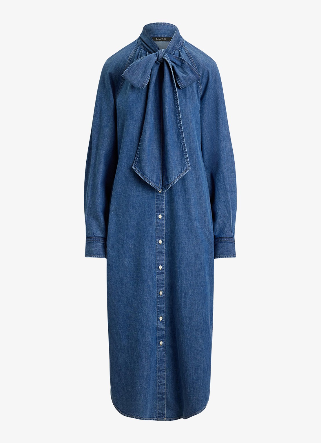 Ralph Lauren Midi blousejurk van denim met sjaalkraag - voorkant 4 atlantic blue wash / indigo