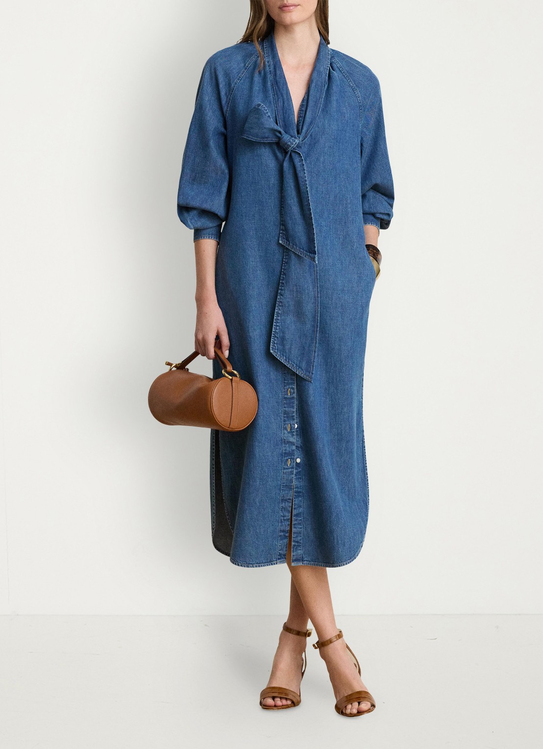 Ralph Lauren Midi blousejurk van denim met sjaalkraag - voorkant 5 atlantic blue wash / indigo