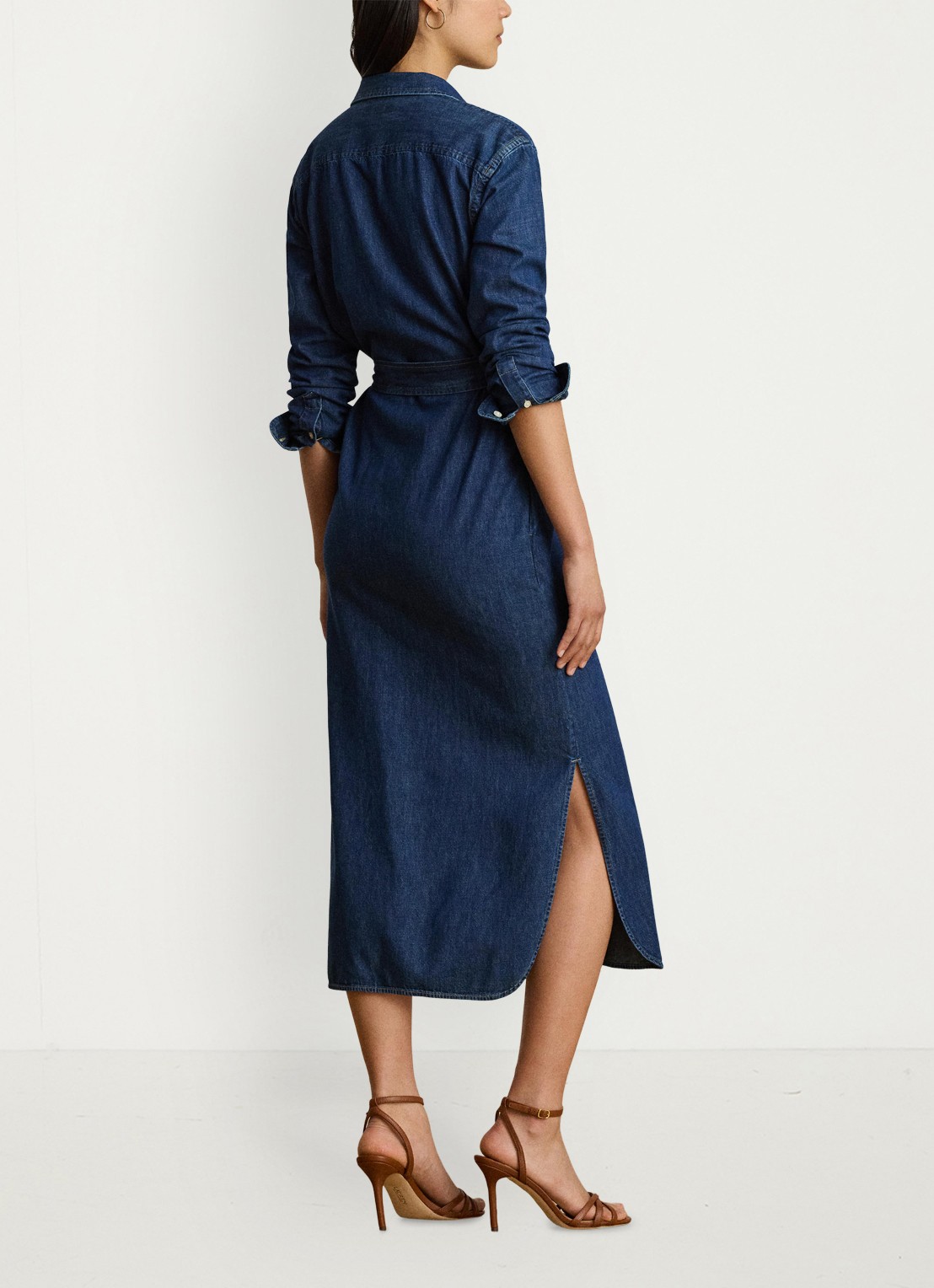 Ralph Lauren Midi blousejurk van denim met strikceintuur - achterkant harvest wash / blauw