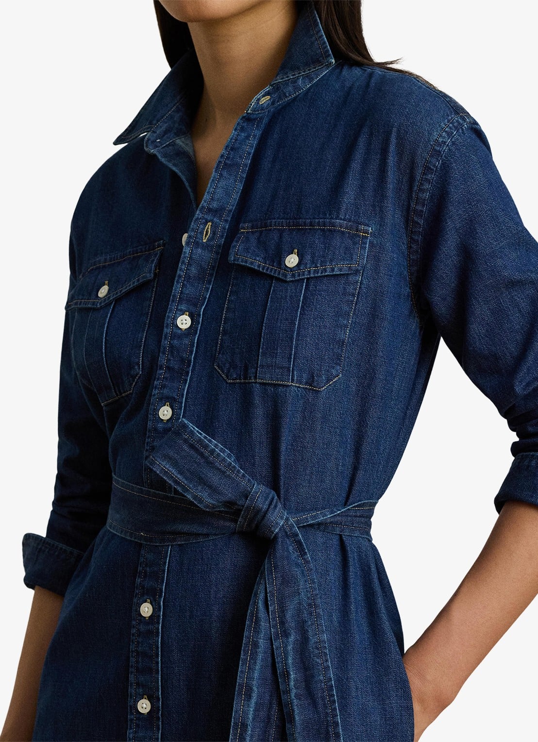 Ralph Lauren Midi blousejurk van denim met strikceintuur - detail 2 harvest wash / blauw