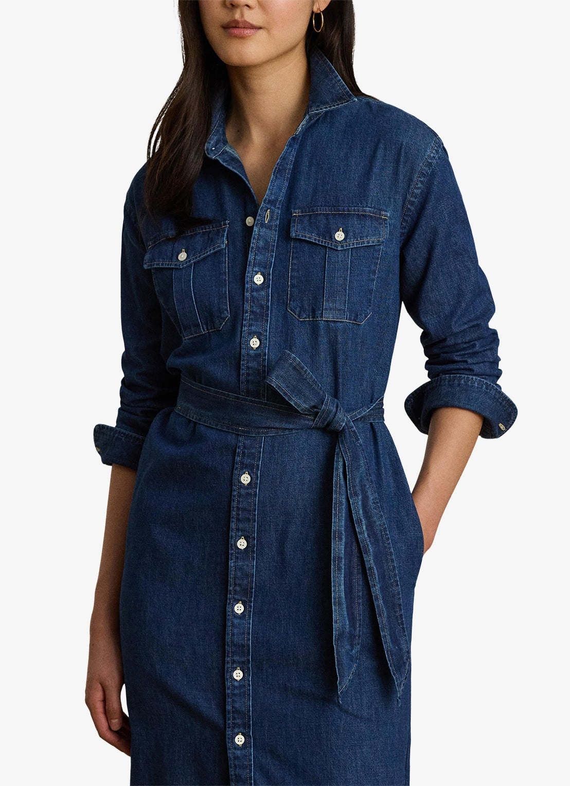 Ralph Lauren Midi blousejurk van denim met strikceintuur - detail 3 harvest wash / blauw