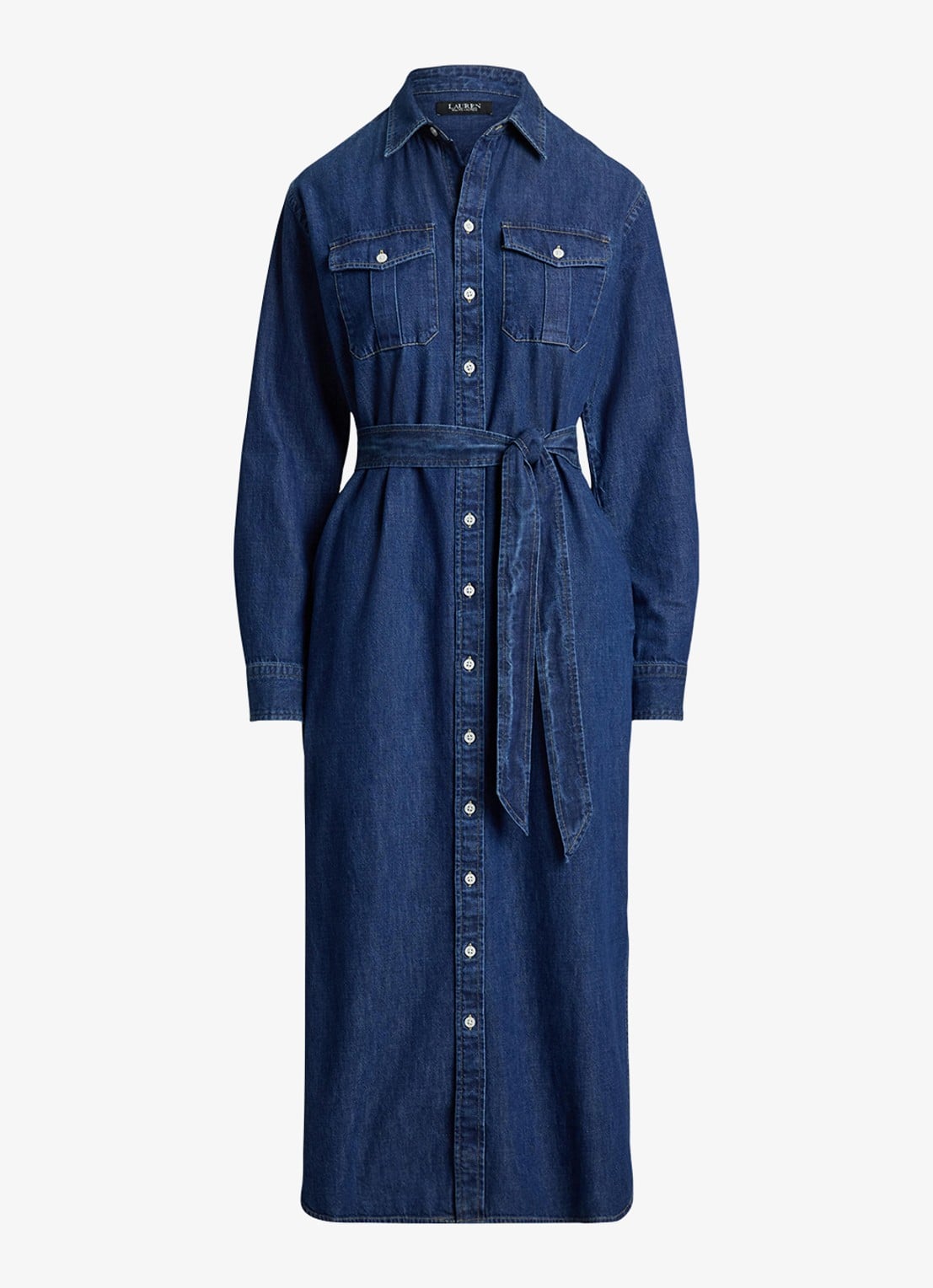 Ralph Lauren Midi blousejurk van denim met strikceintuur - voorkant 4 harvest wash / blauw