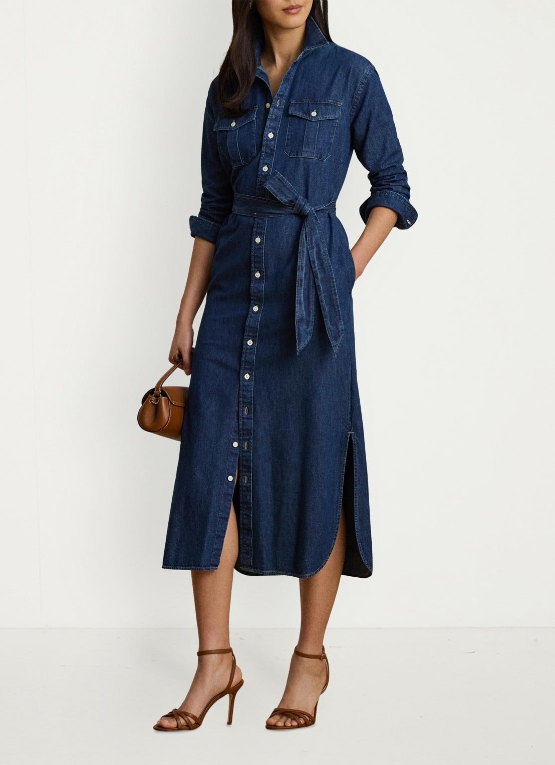 Ralph Lauren Midi blousejurk van denim met strikceintuur - voorkant 5 harvest wash / blauw