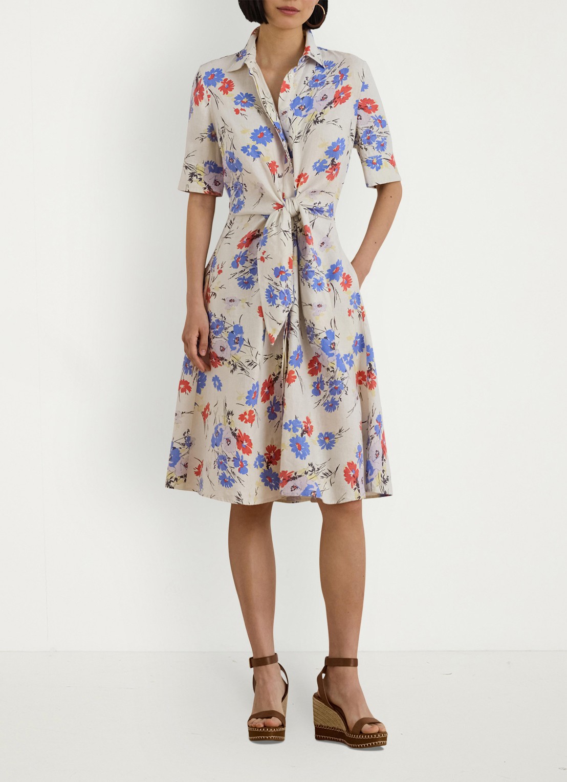 Ralph Lauren Midi blousejurk van linnen met bloemenprint - voorkant 5 cream multi / creme