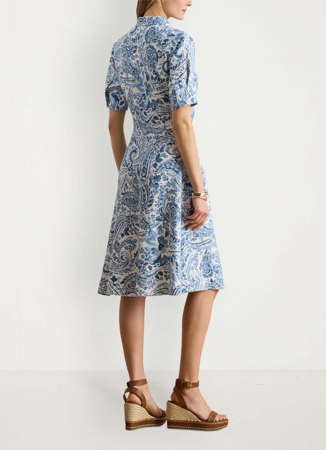 Ralph Lauren Midi blousejurk van linnen met paisley dessin en geknoopt detail - achterkant 3 white/blue / blauw