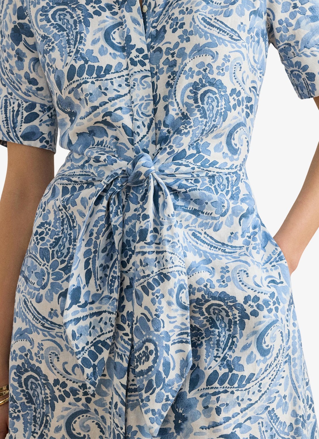 Ralph Lauren Midi blousejurk van linnen met paisley dessin en geknoopt detail - detail 4 white/blue / blauw