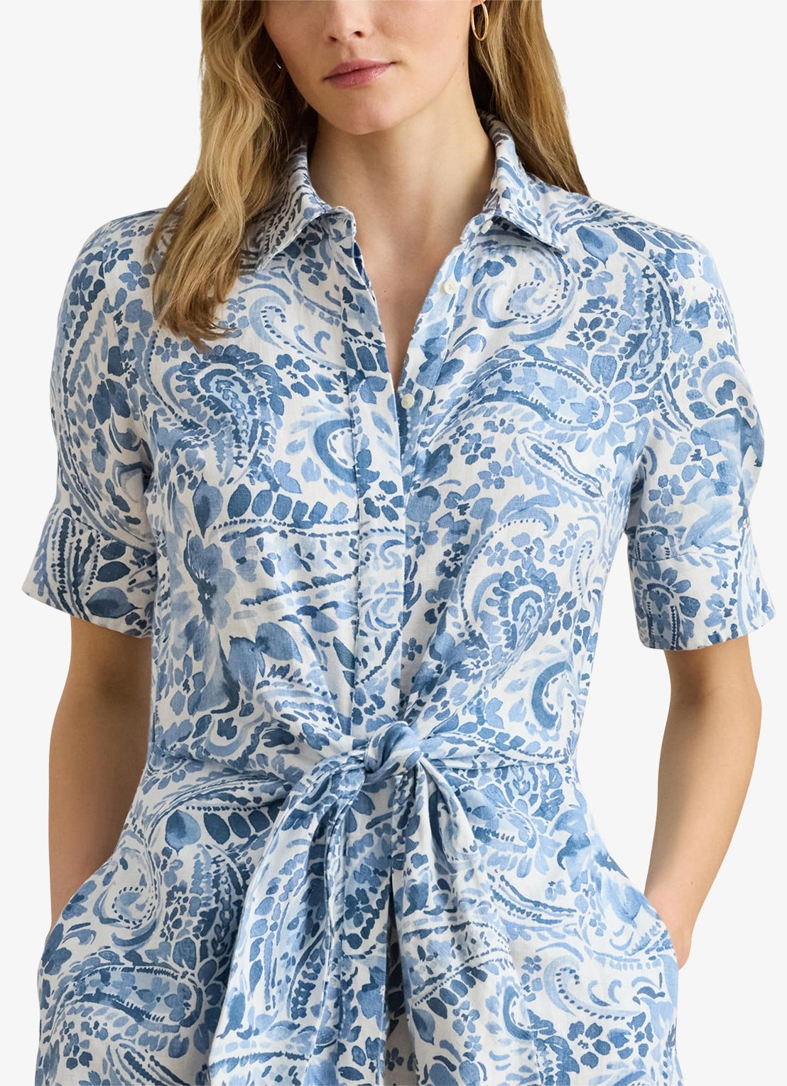 Ralph Lauren Midi blousejurk van linnen met paisley dessin en geknoopt detail - detail 5 white/blue / blauw