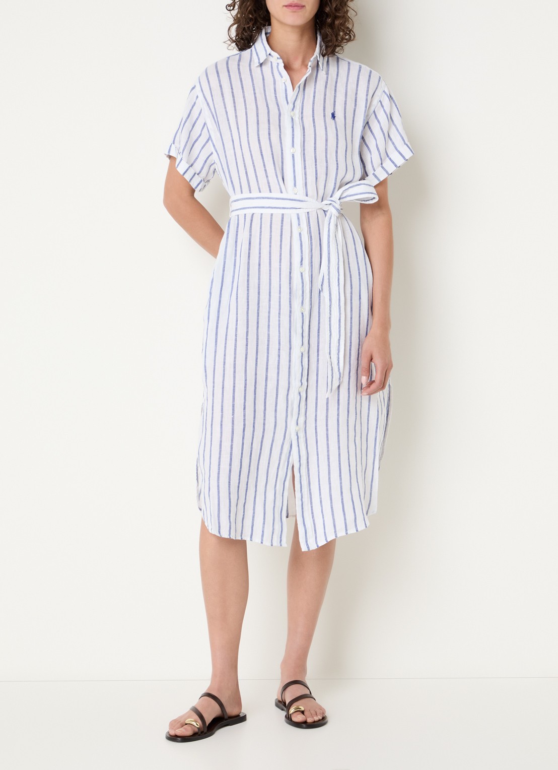 Ralph Lauren Midi blousejurk van linnen met strikceintuur - detail gebroken wit