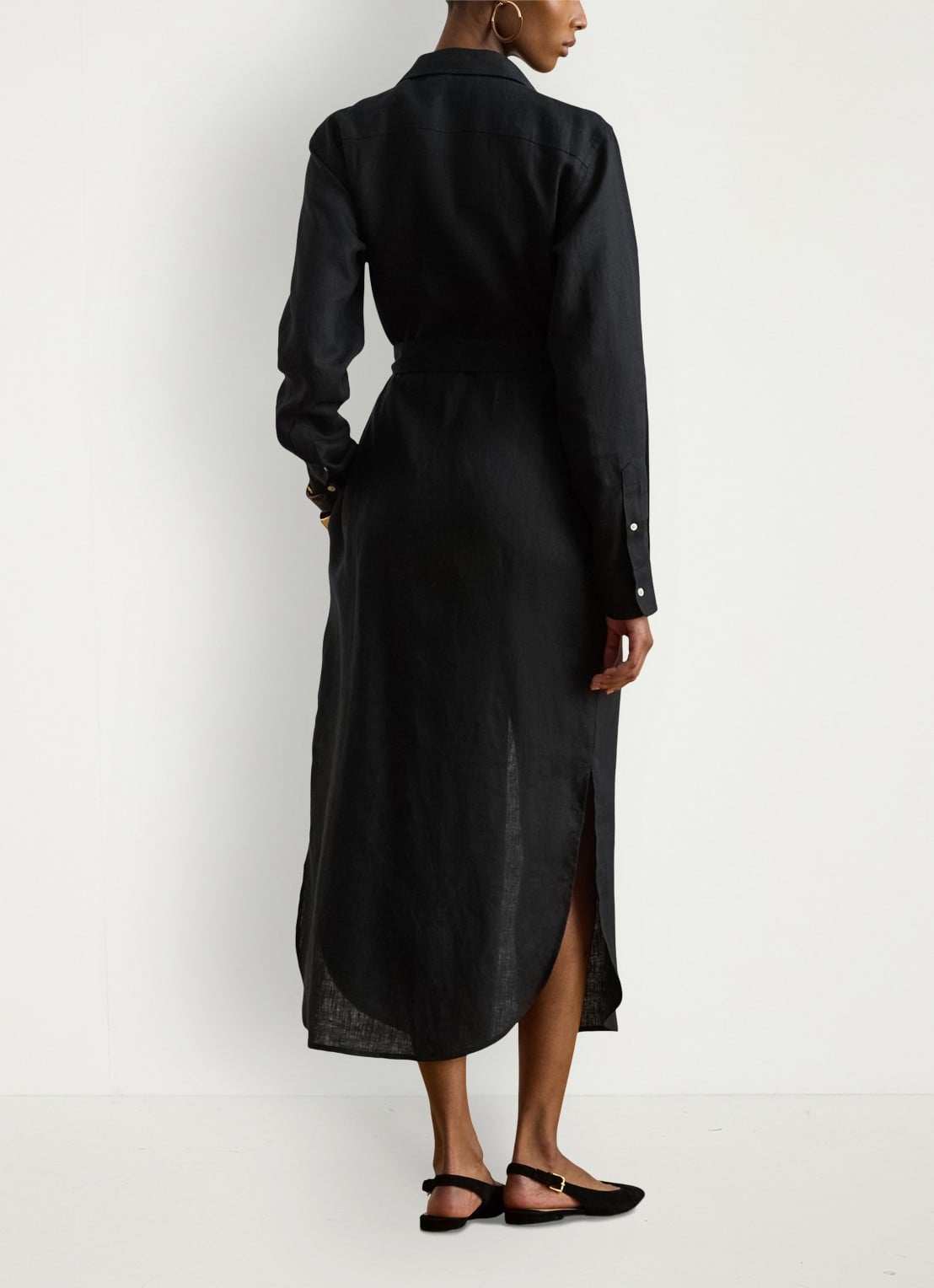 Ralph Lauren Midi blousejurk van linnen met strikceintuur - achterkant 5 black / zwart