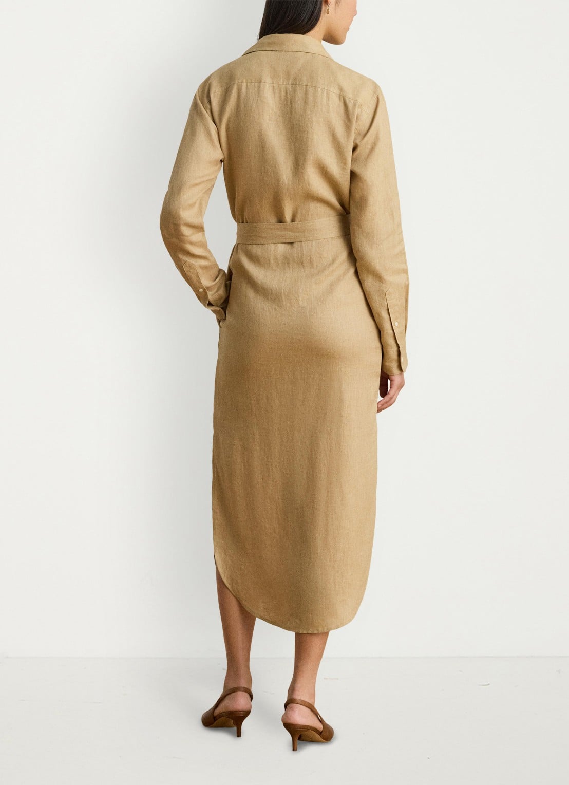 Ralph Lauren Midi blousejurk van linnen met strikceintuur - achterkant 5 birch tan / beige