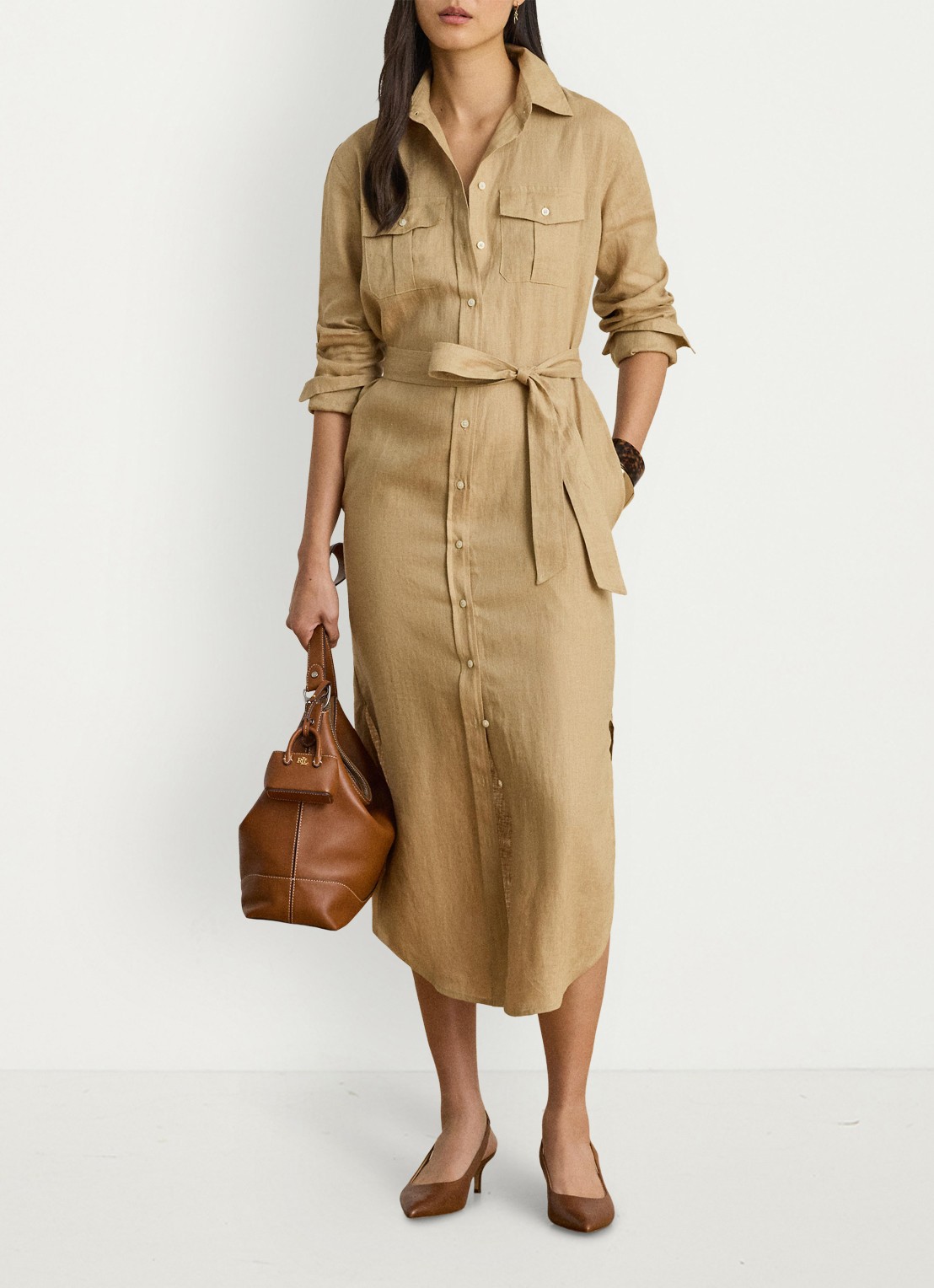 Ralph Lauren Midi blousejurk van linnen met strikceintuur - detail 2 birch tan / beige