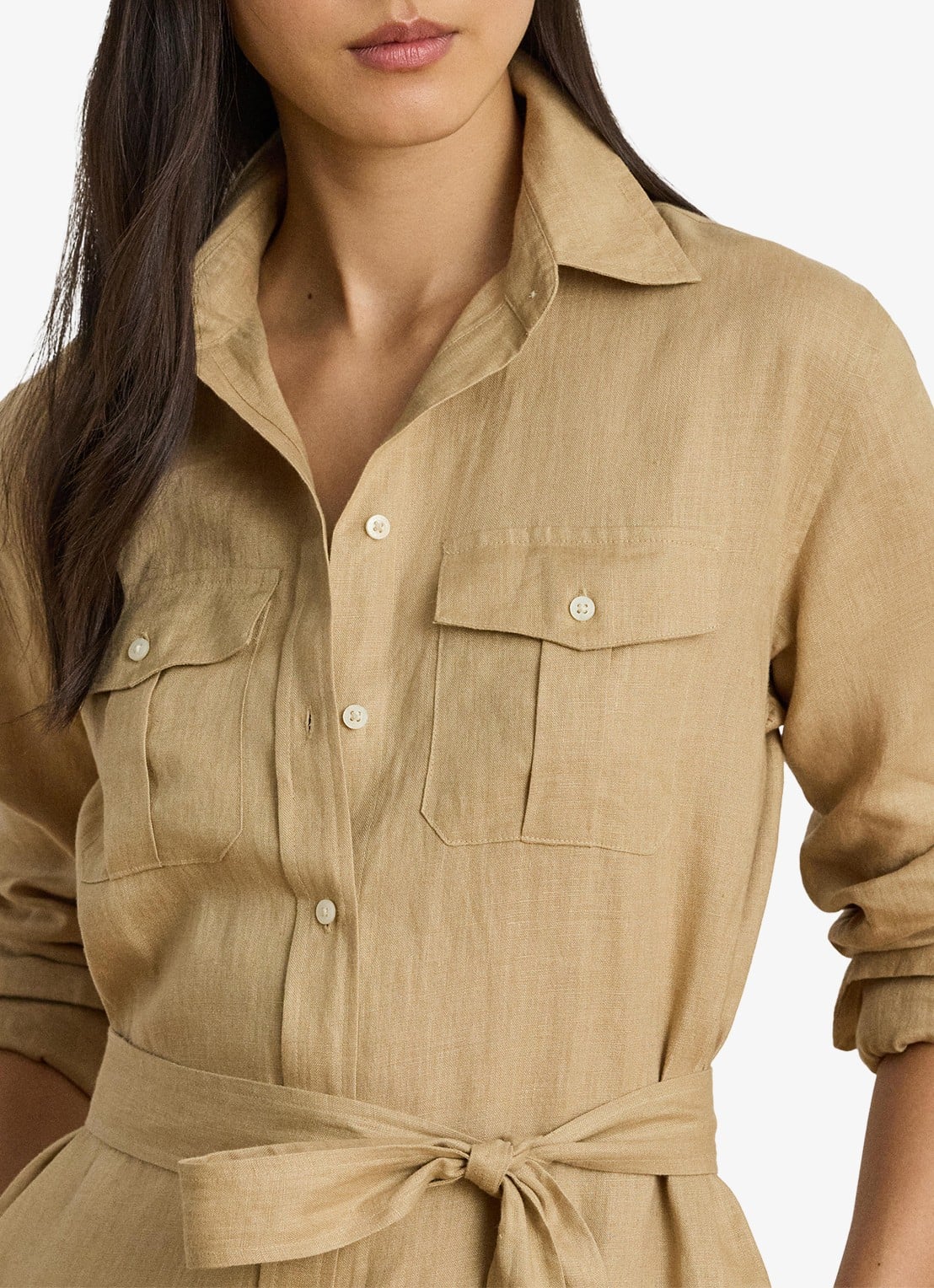 Ralph Lauren Midi blousejurk van linnen met strikceintuur - detail 3 birch tan / beige