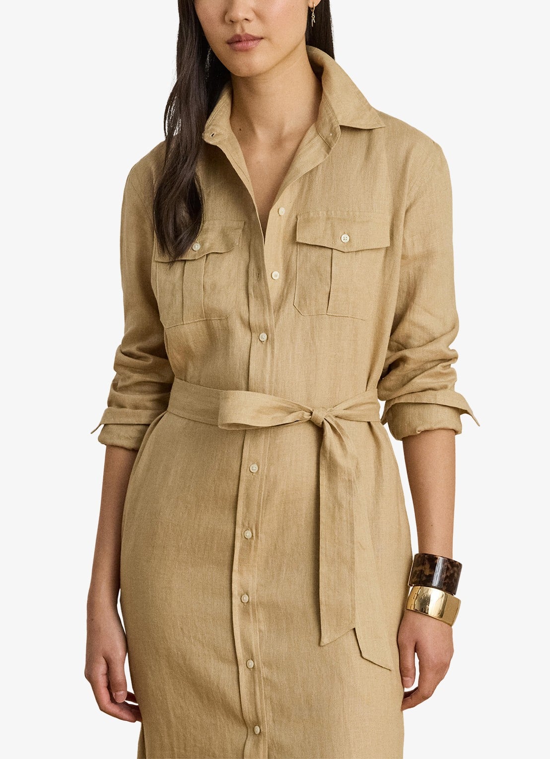 Ralph Lauren Midi blousejurk van linnen met strikceintuur - detail 4 birch tan / beige