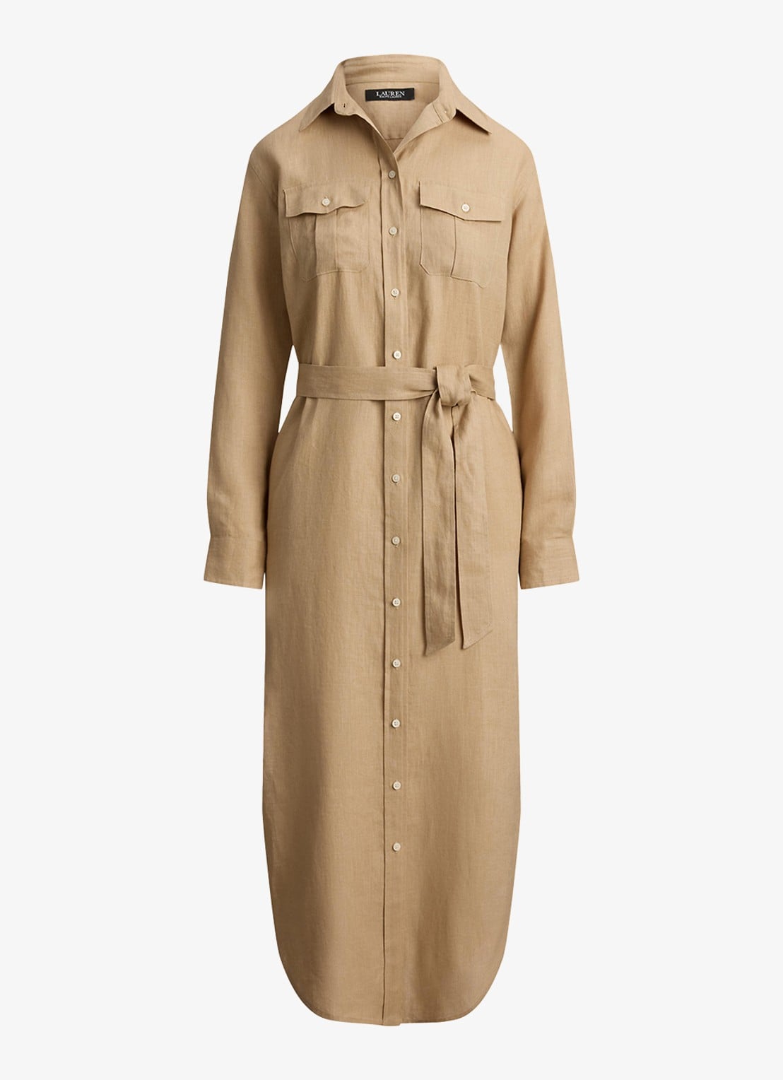 Ralph Lauren Midi blousejurk van linnen met strikceintuur - voorkant birch tan / beige
