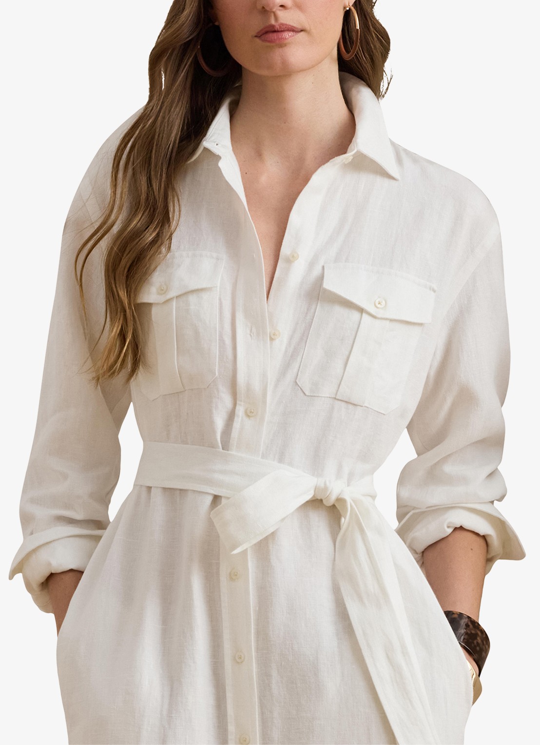 Ralph Lauren Midi blousejurk van linnen met strikceintuur - detail 4 wit