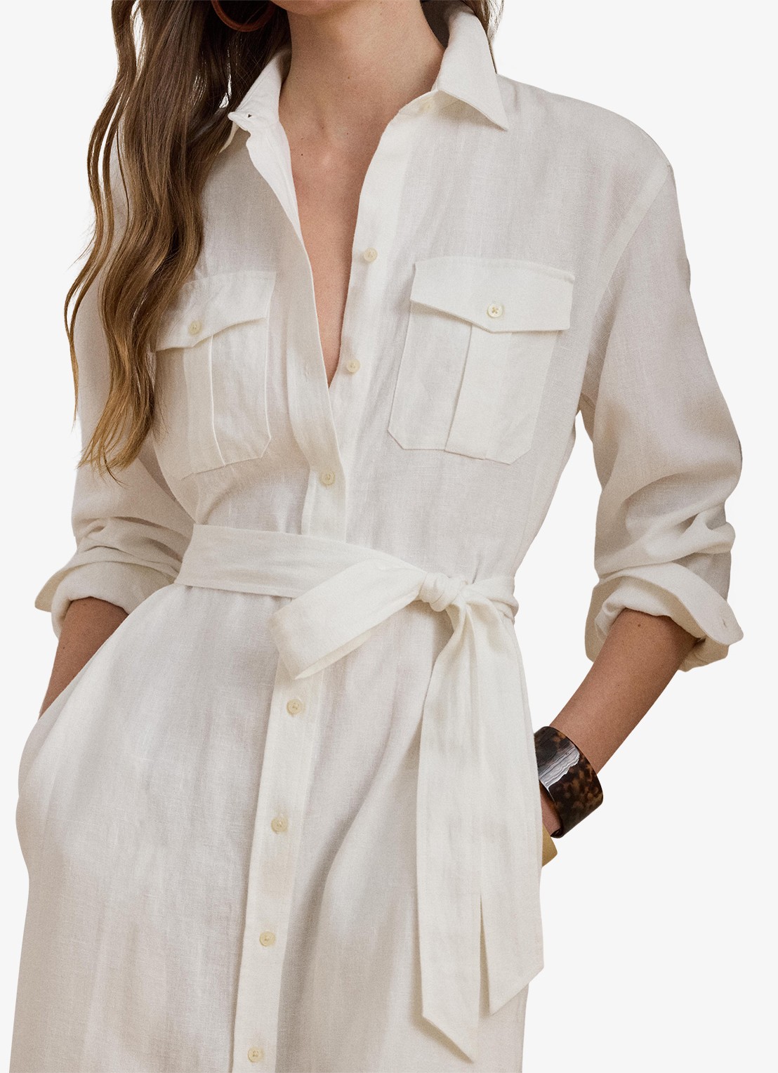 Ralph Lauren Midi blousejurk van linnen met strikceintuur - detail 5 wit