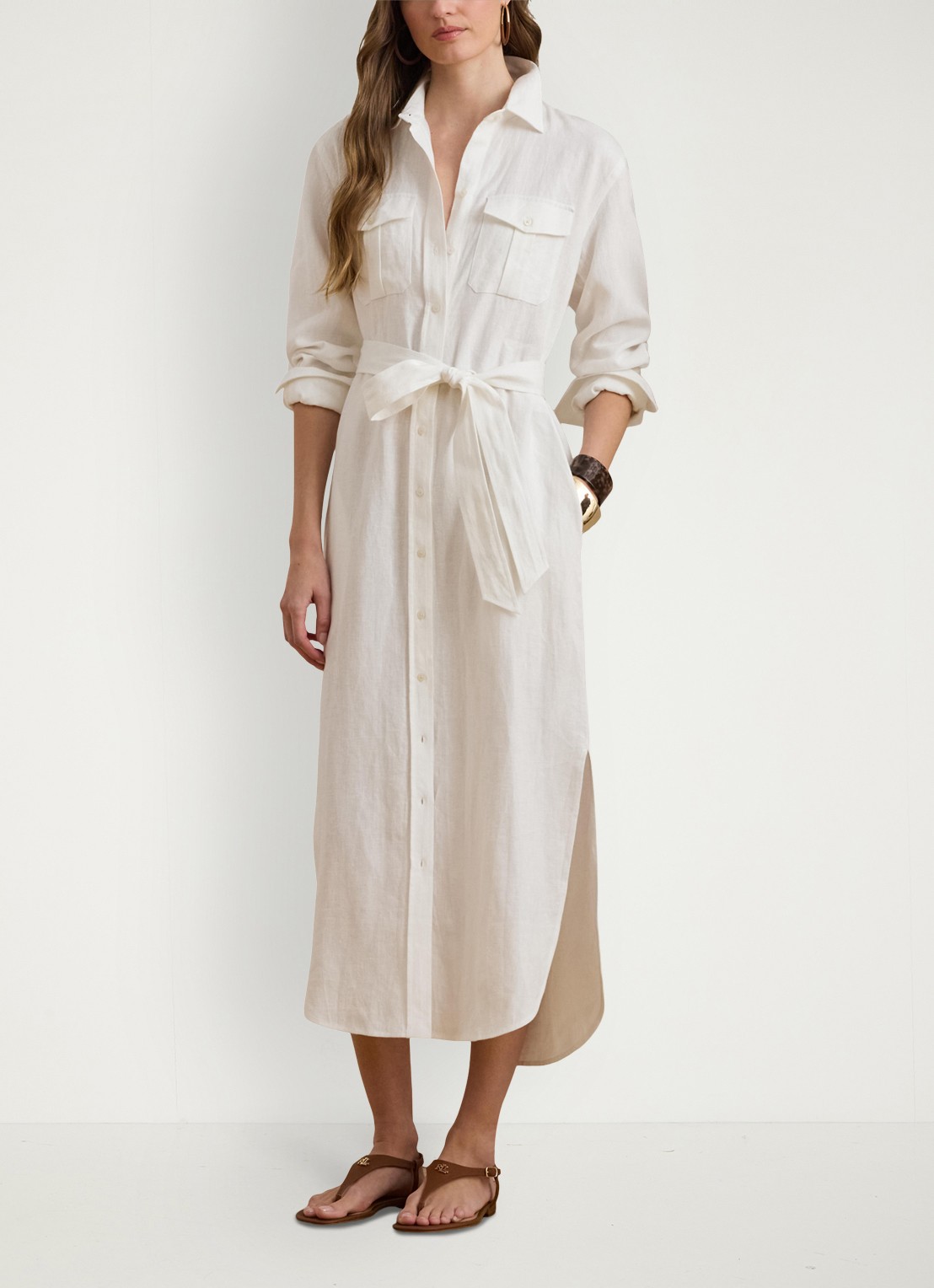 Ralph Lauren Midi blousejurk van linnen met strikceintuur - voorkant 3 wit