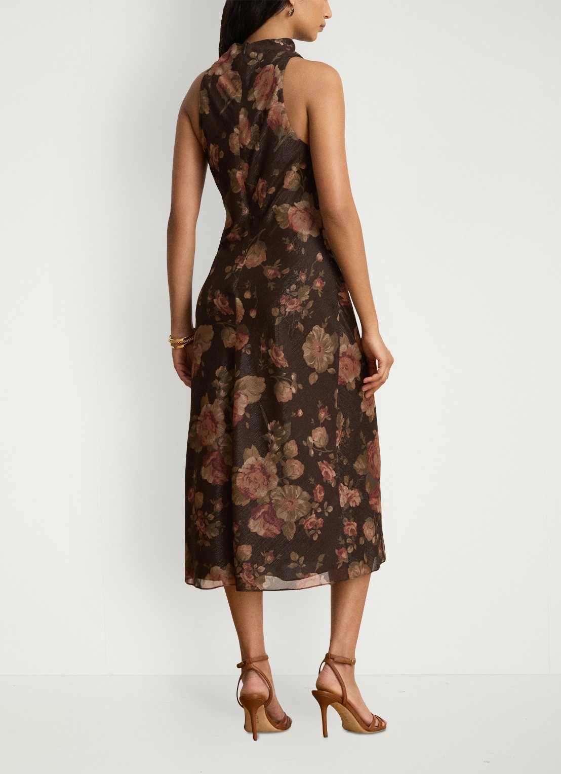 Ralph Lauren Midi halterjurk met bloemenprint - achterkant 3 brown multi / bruin