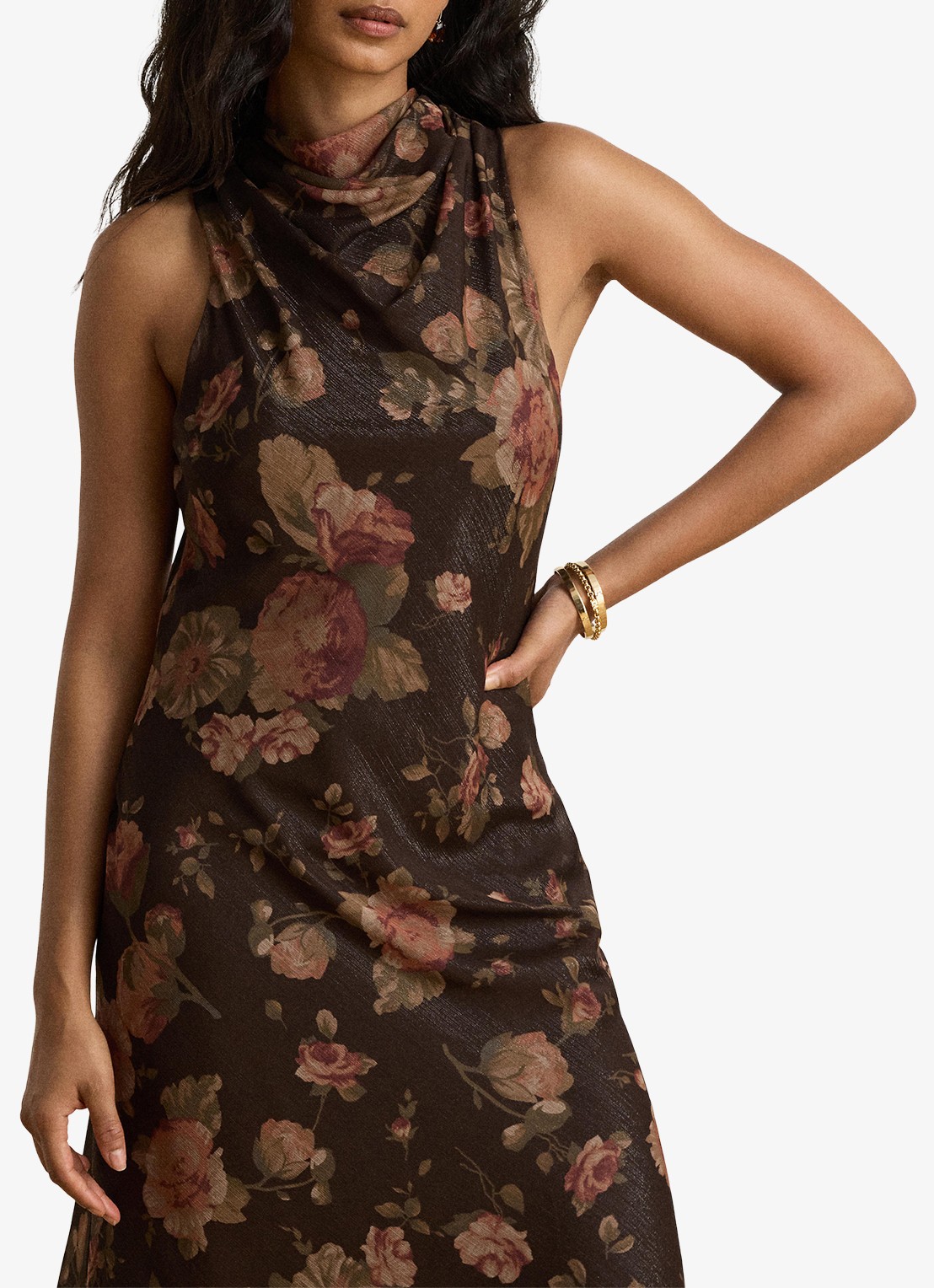 Ralph Lauren Midi halterjurk met bloemenprint - detail brown multi / bruin