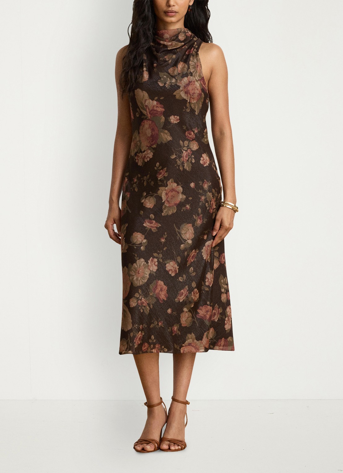 Ralph Lauren Midi halterjurk met bloemenprint - voorkant 5 brown multi / bruin