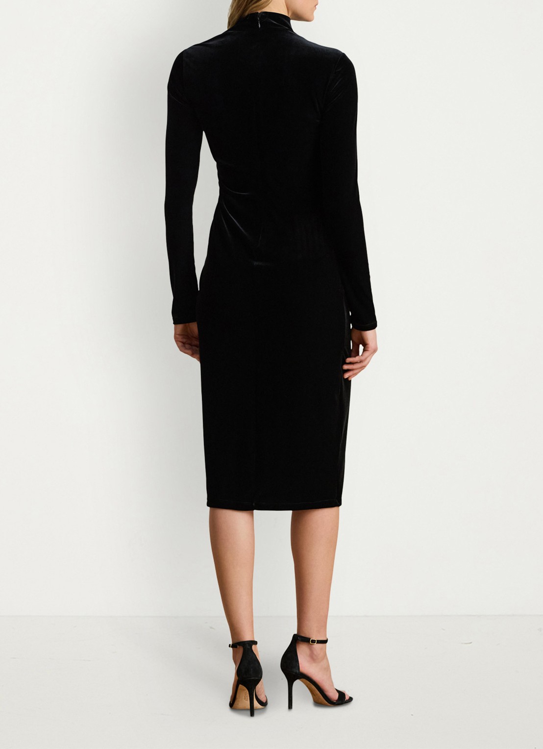 Ralph Lauren Midi jurk met asymmetrische hals en ruches - achterkant black velvet / zwart