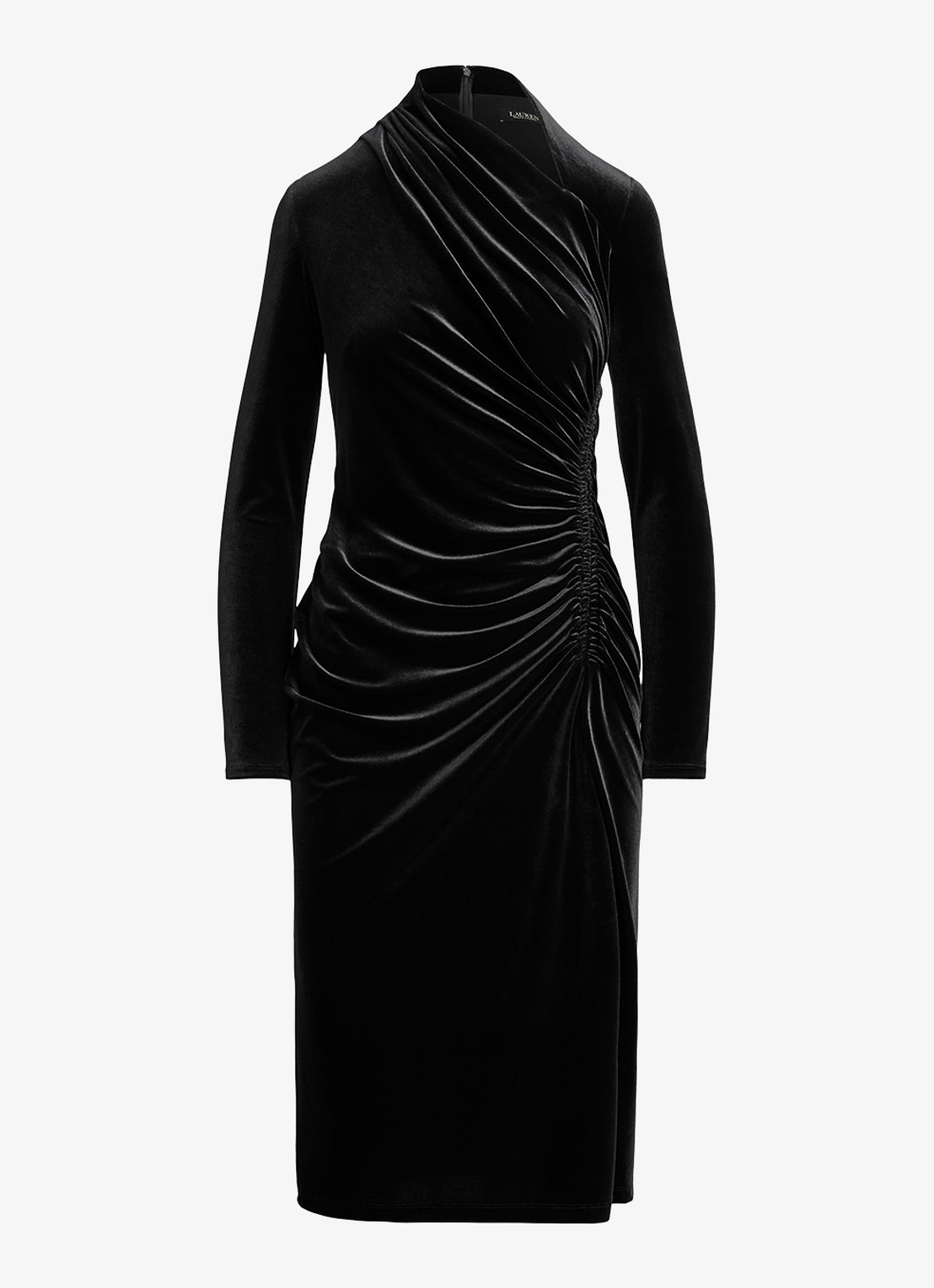 Ralph Lauren Midi jurk met asymmetrische hals en ruches - voorkant 4 black velvet / zwart