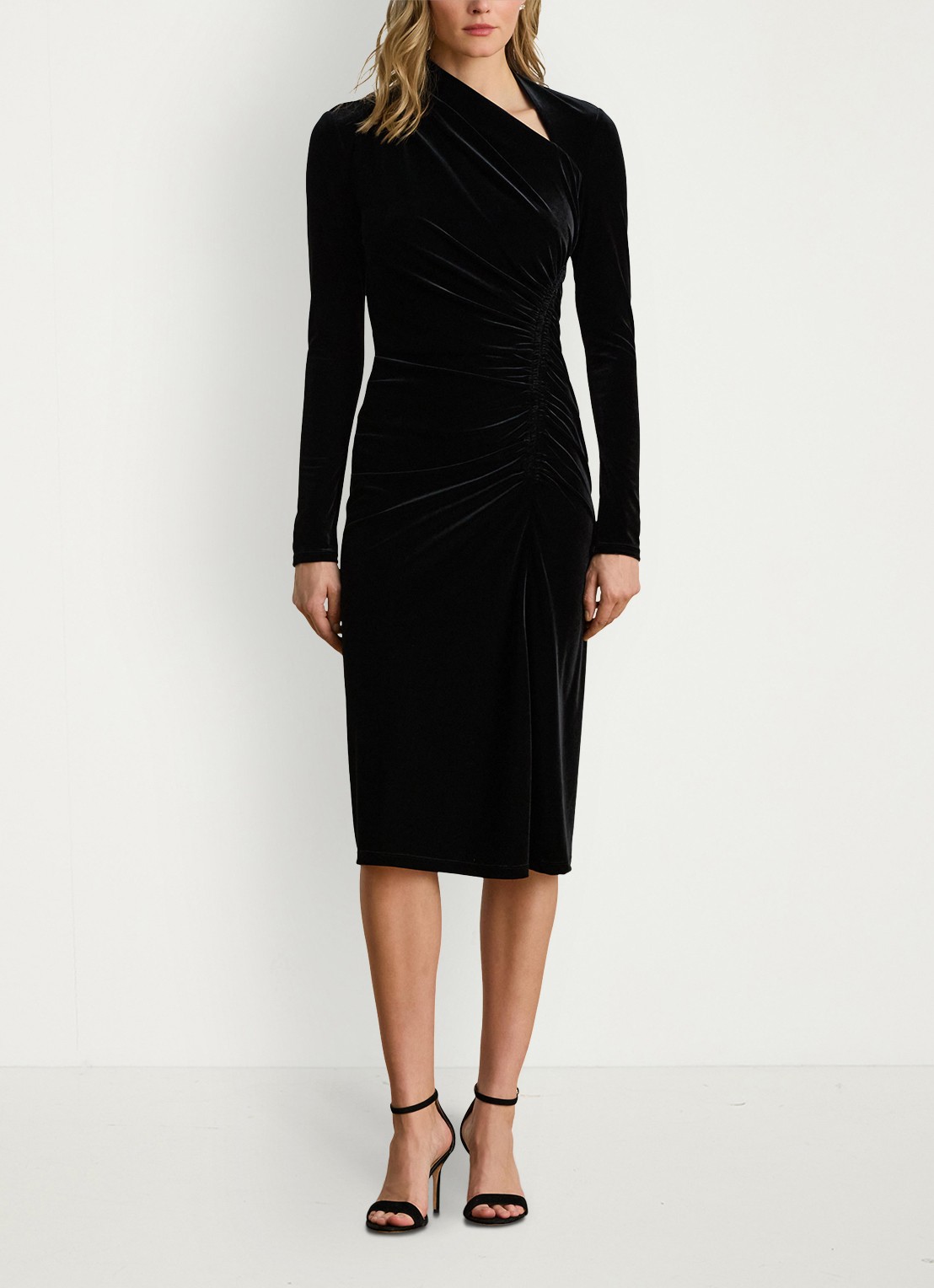 Ralph Lauren Midi jurk met asymmetrische hals en ruches - voorkant 5 black velvet / zwart