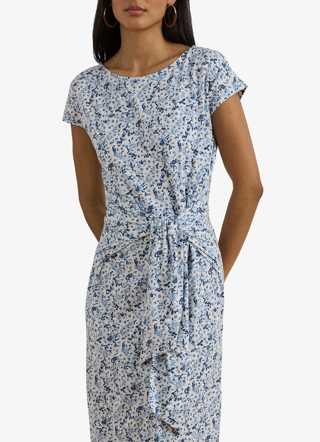 Ralph Lauren Midi jurk met bloemenprint en geknoopt detail - detail 4 white/blue / blauw