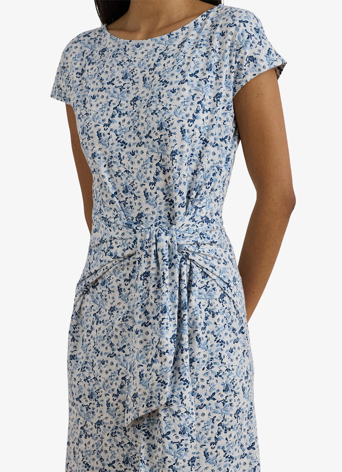 Ralph Lauren Midi jurk met bloemenprint en geknoopt detail - detail 5 white/blue / blauw