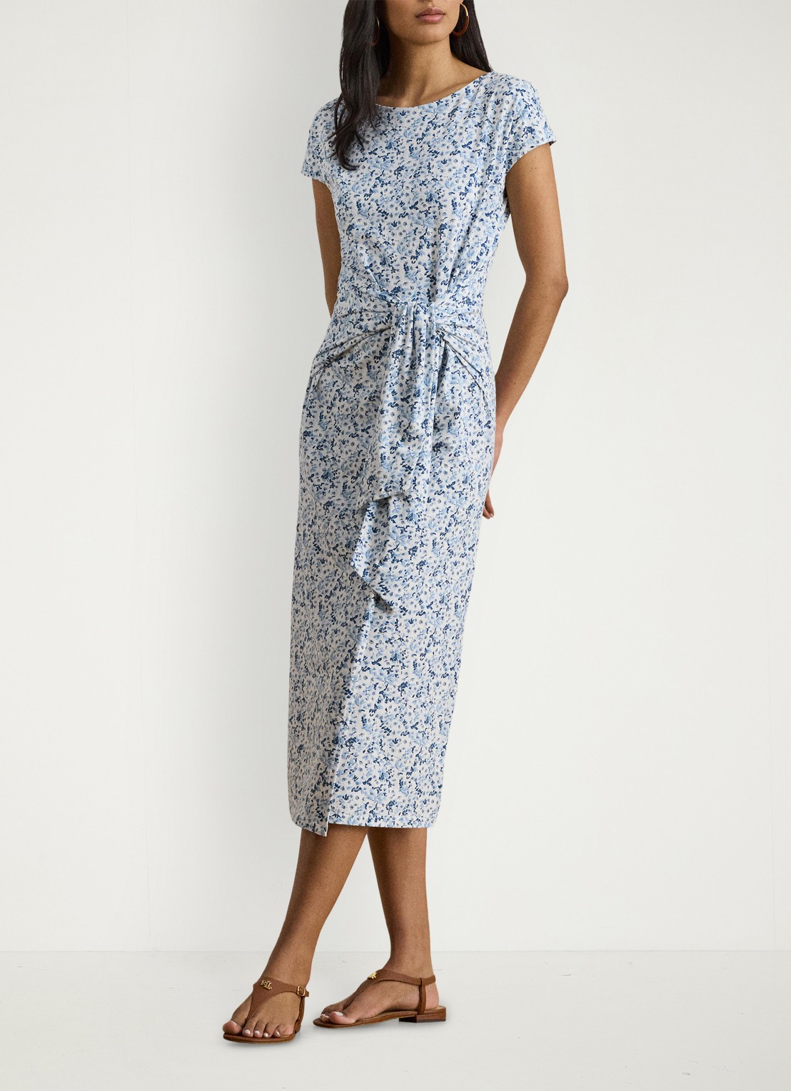 Ralph Lauren Midi jurk met bloemenprint en geknoopt detail - voorkant 3 white/blue / blauw