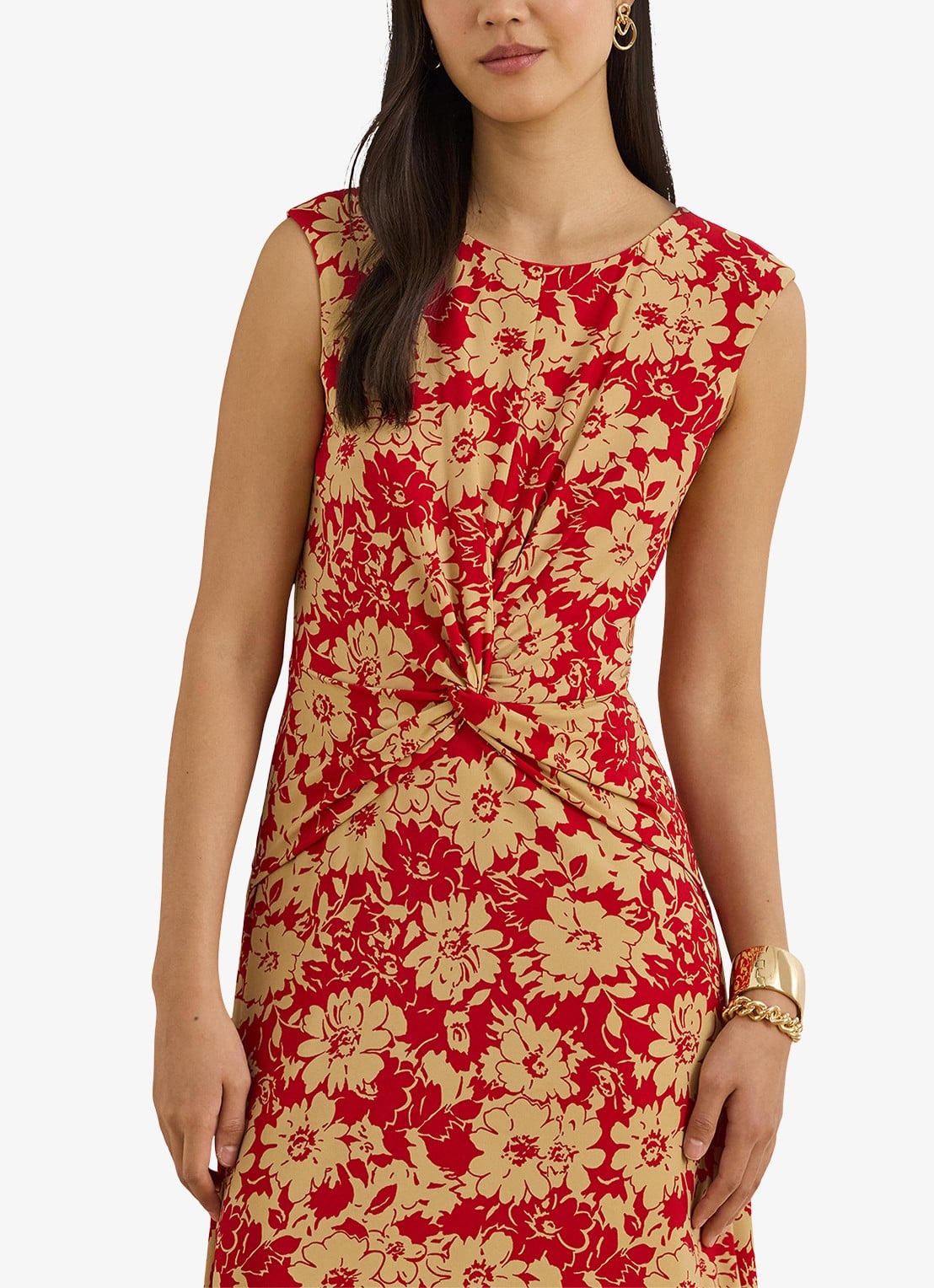 Ralph Lauren Midi jurk met bloemenprint en plooidetail - detail 4 red/tan / rood