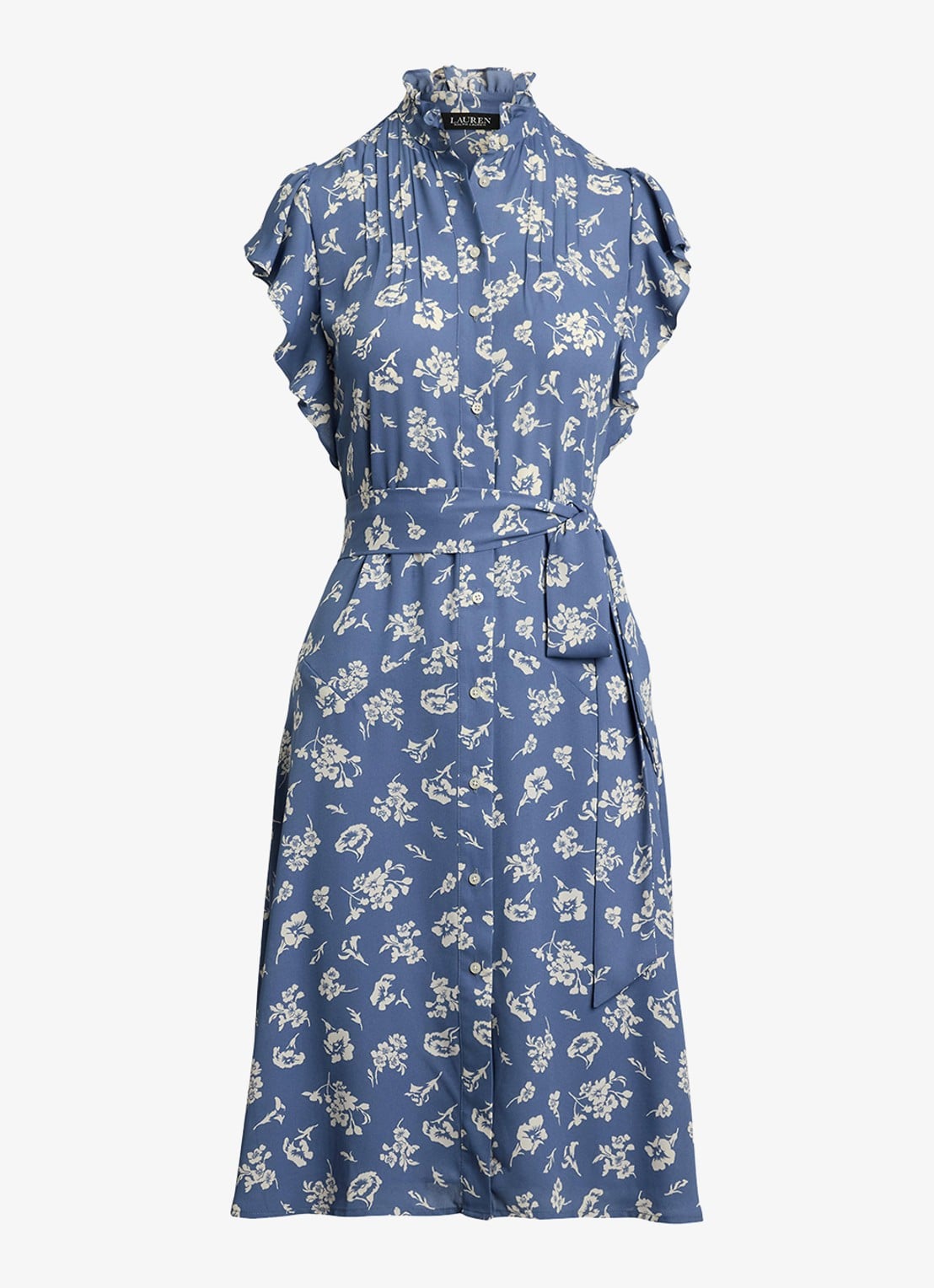 Ralph Lauren Midi jurk met bloemenprint en strikceintuur - voorkant 4 blauw