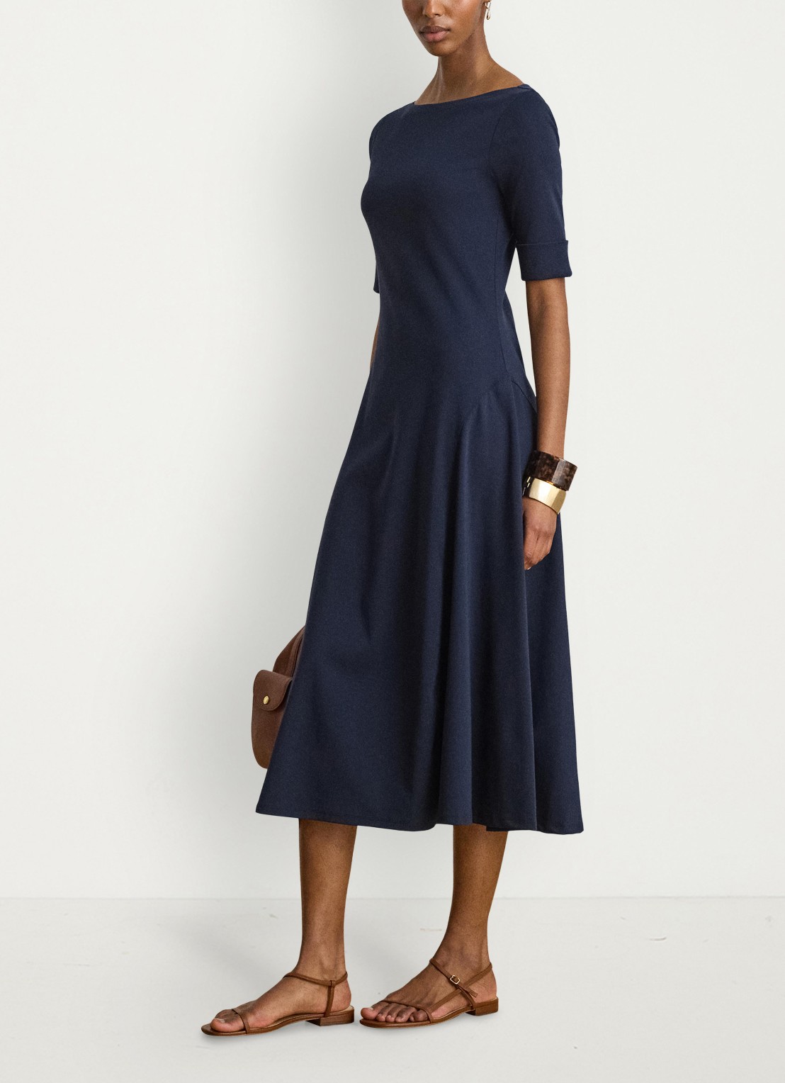Ralph Lauren Midi jurk met boothals - voorkant 2 lauren navy / blauw