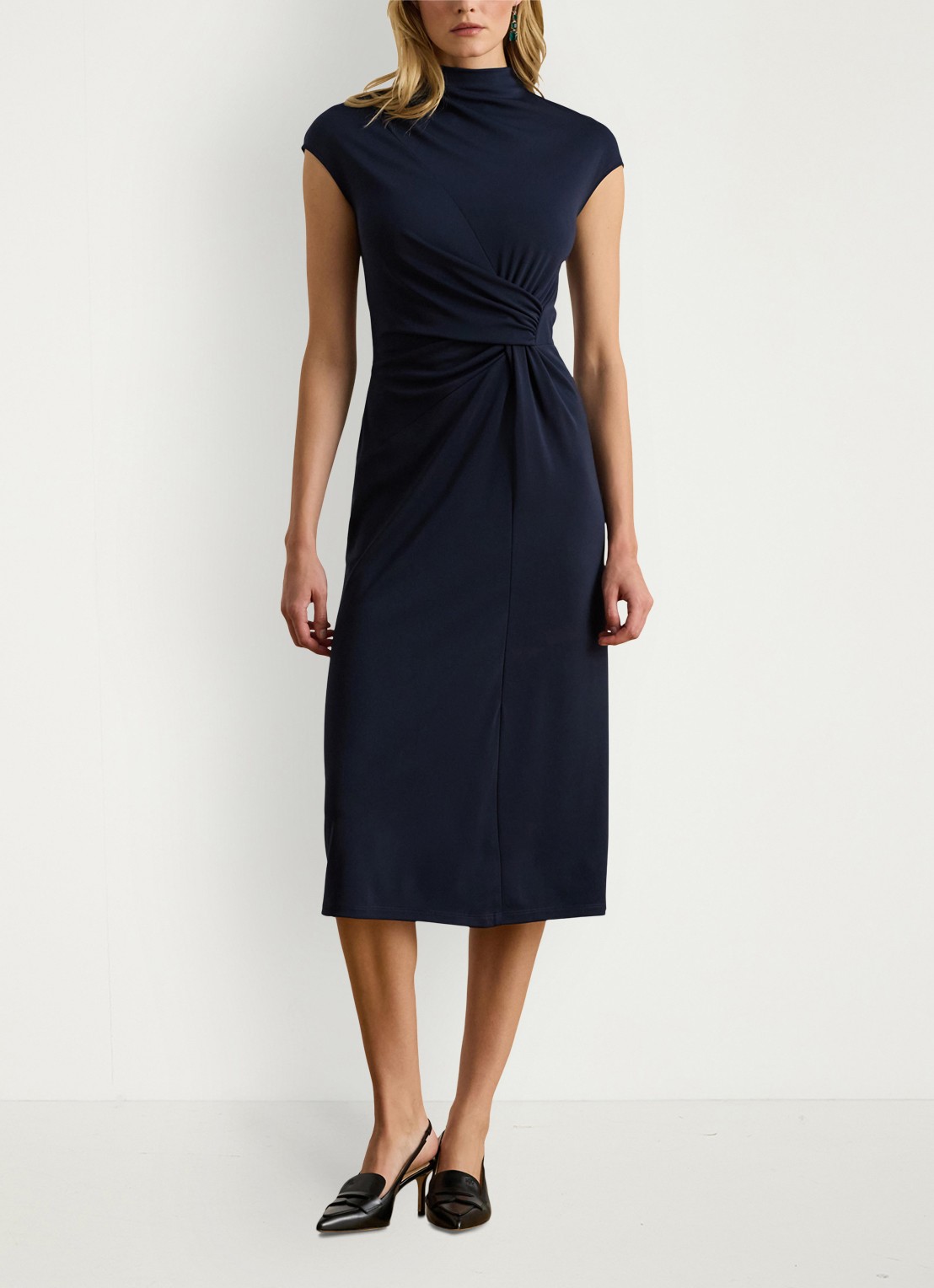 Ralph Lauren Midi jurk met opstaande kraag en plooidetail - detail 2 donkerblauw