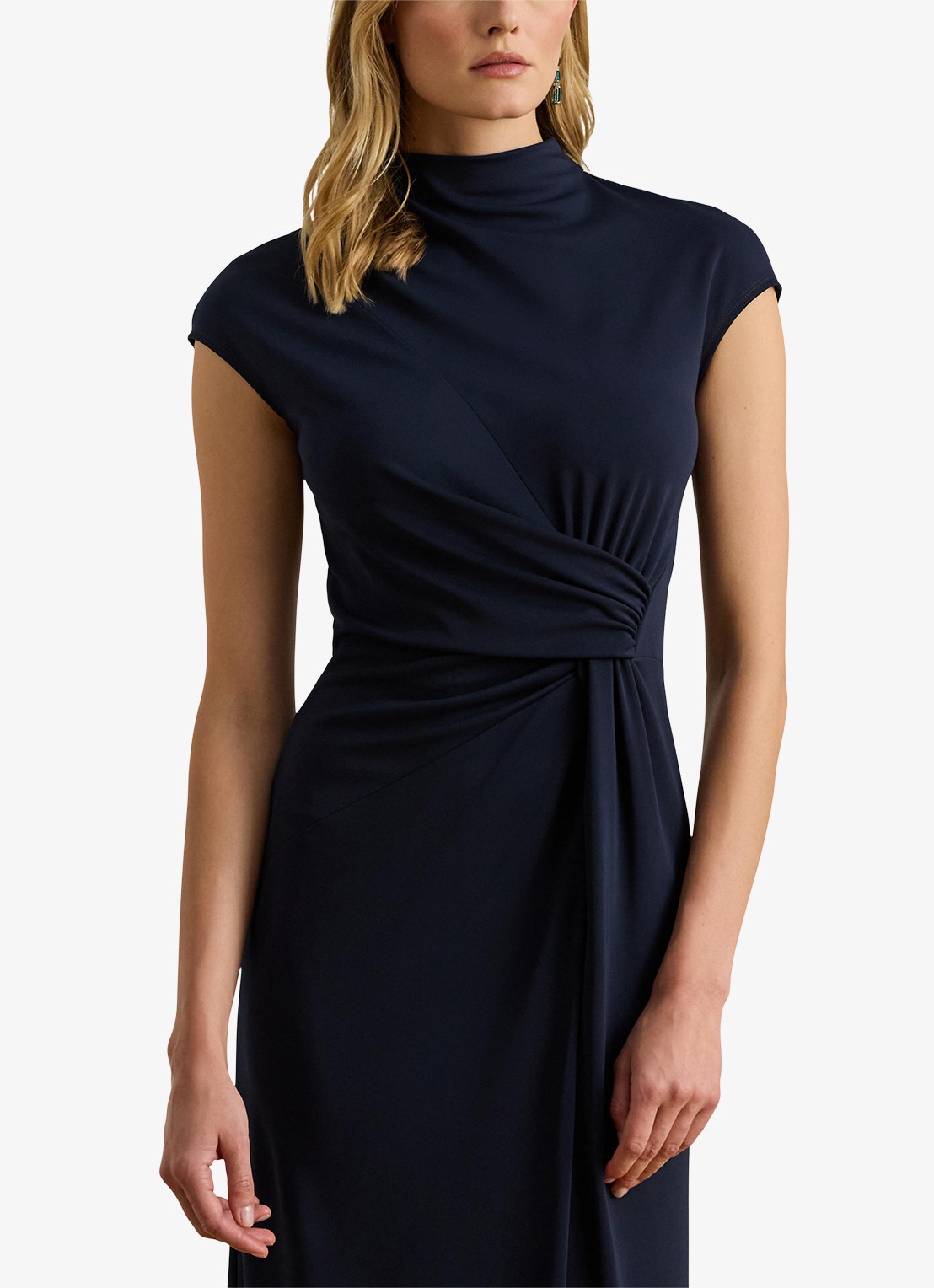 Ralph Lauren Midi jurk met opstaande kraag en plooidetail - detail 3 donkerblauw