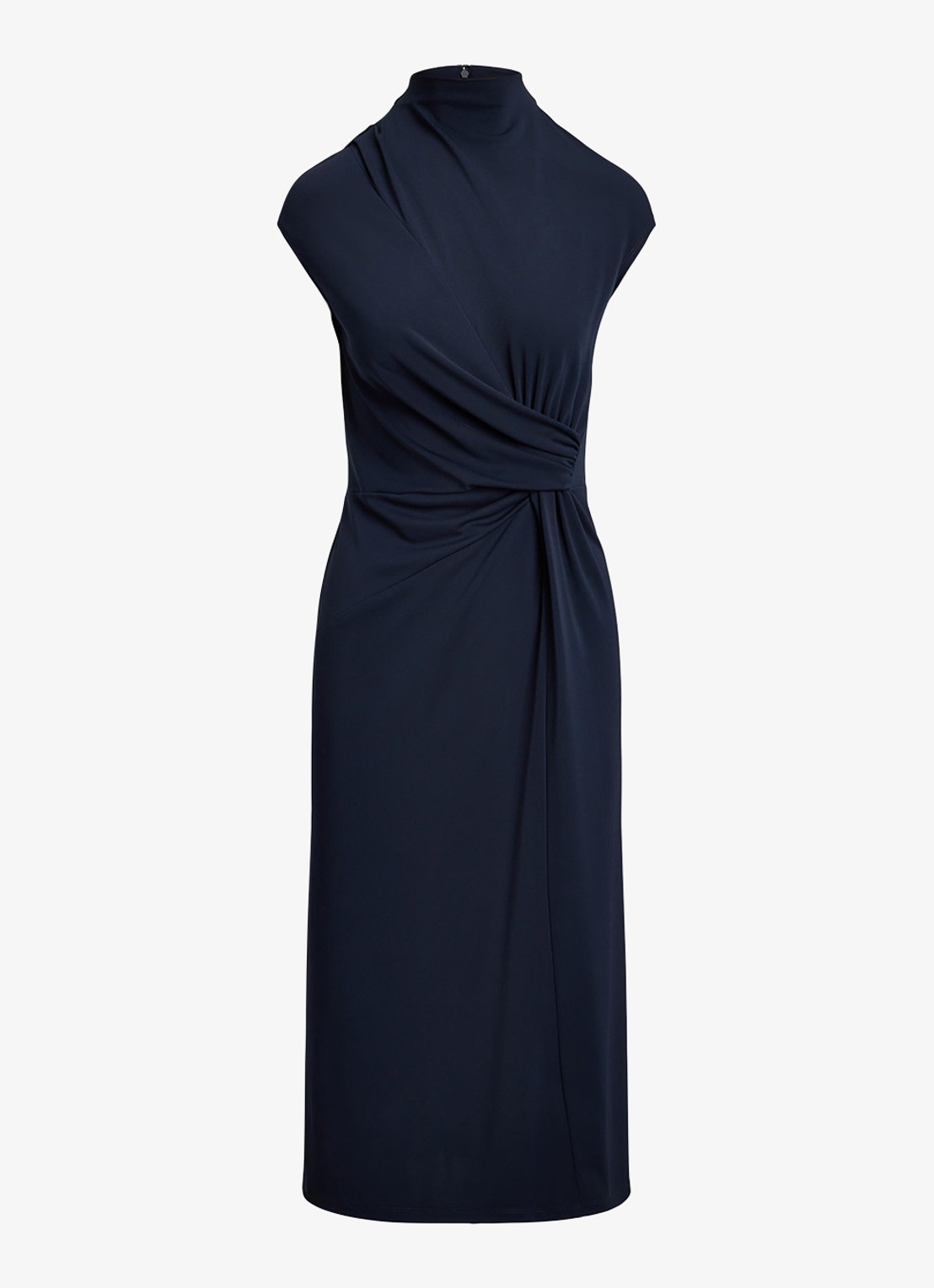 Ralph Lauren Midi jurk met opstaande kraag en plooidetail - voorkant 4 donkerblauw