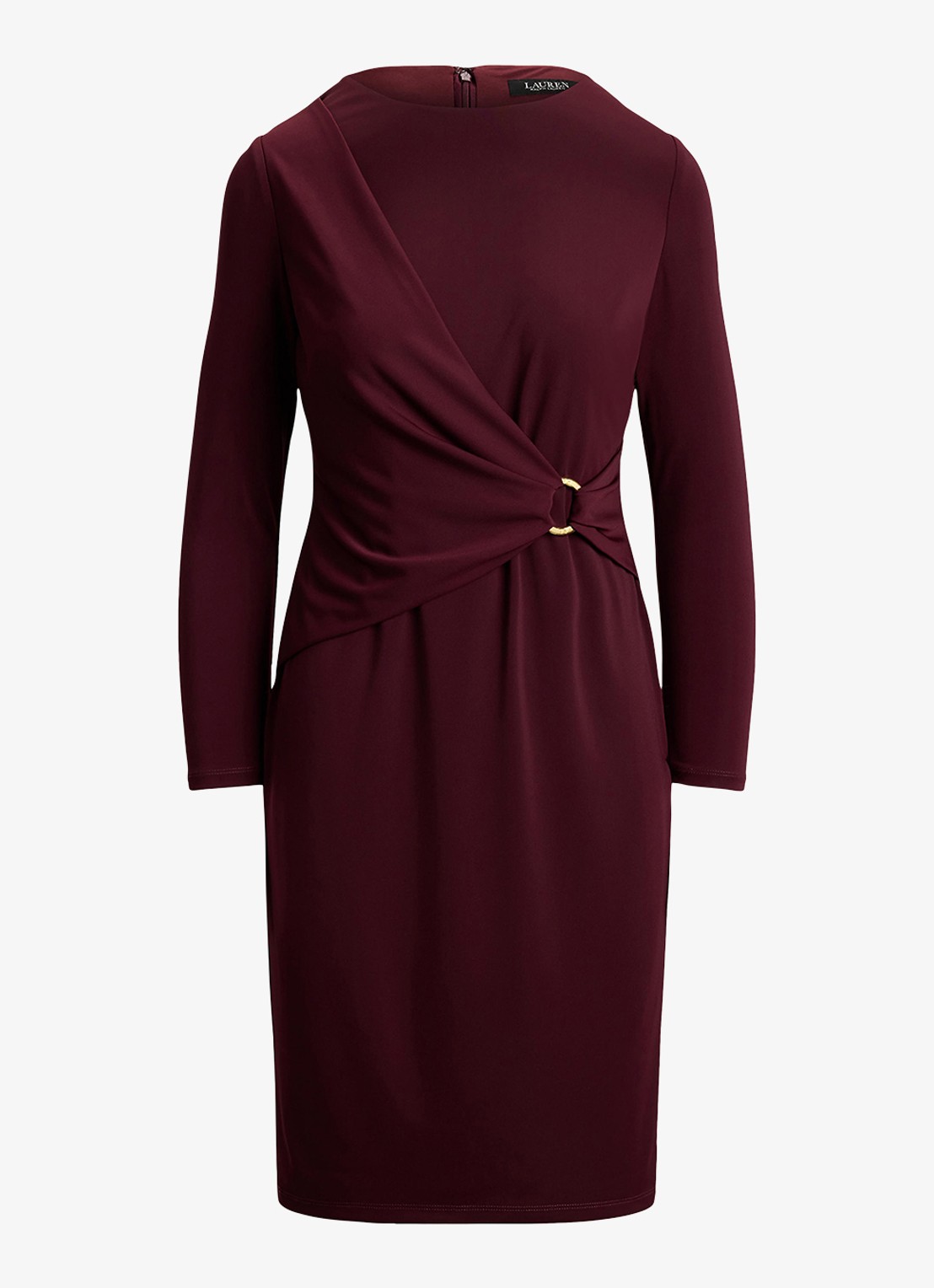 Ralph Lauren Midi jurk met plooidetail - voorkant 2 dark garnet / bordeauxrood
