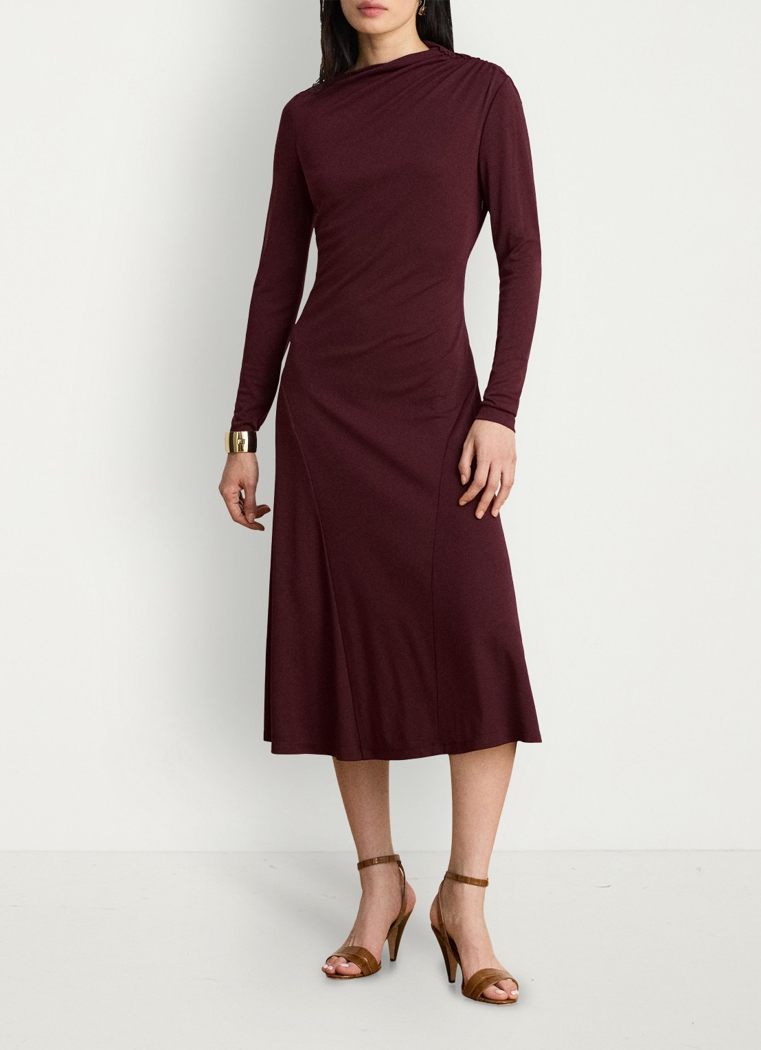Ralph Lauren Midi jurk met plooidetail - voorkant 2 dark garnet / bordeauxrood