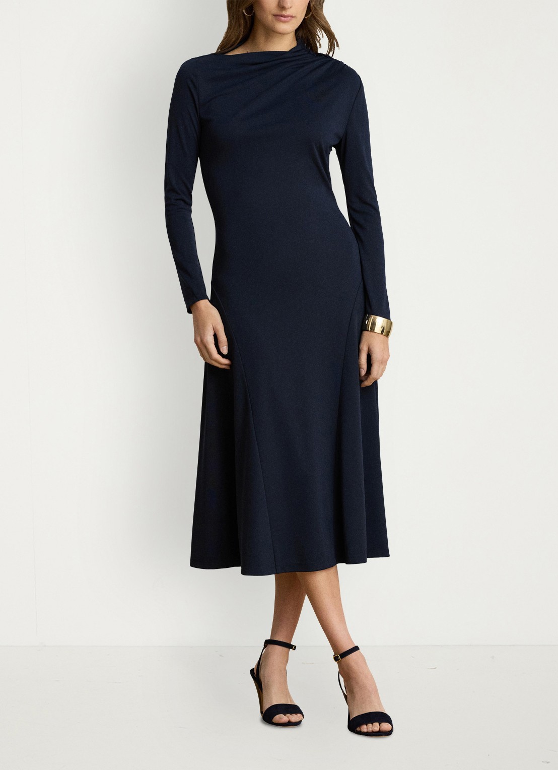 Ralph Lauren Midi jurk met plooidetail - voorkant 5 lauren navy / blauw