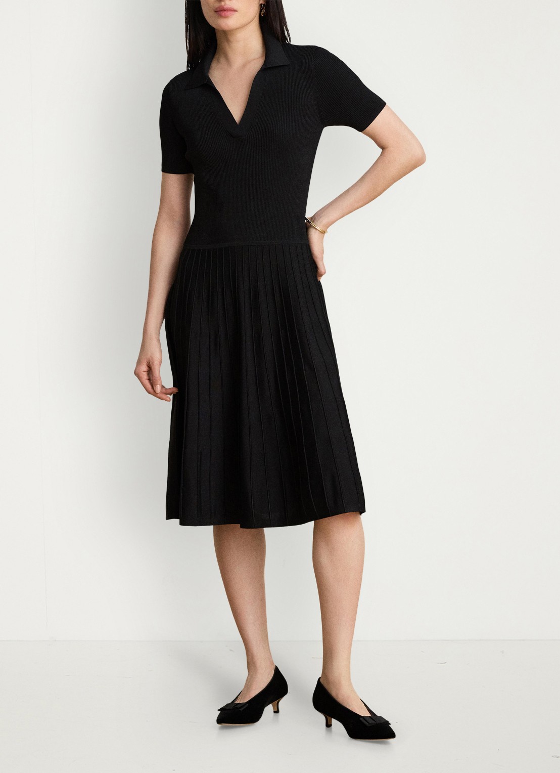 Ralph Lauren Midi jurk met ribstructuur - voorkant 2 zwart