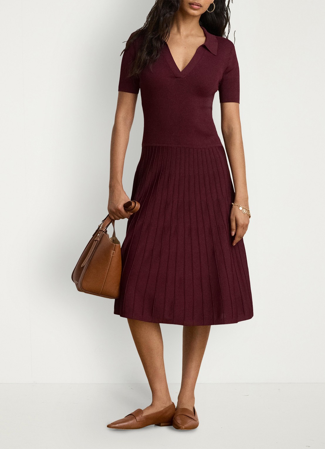 Ralph Lauren Midi jurk met ribstructuur - voorkant 2 dark garnet / bordeauxrood