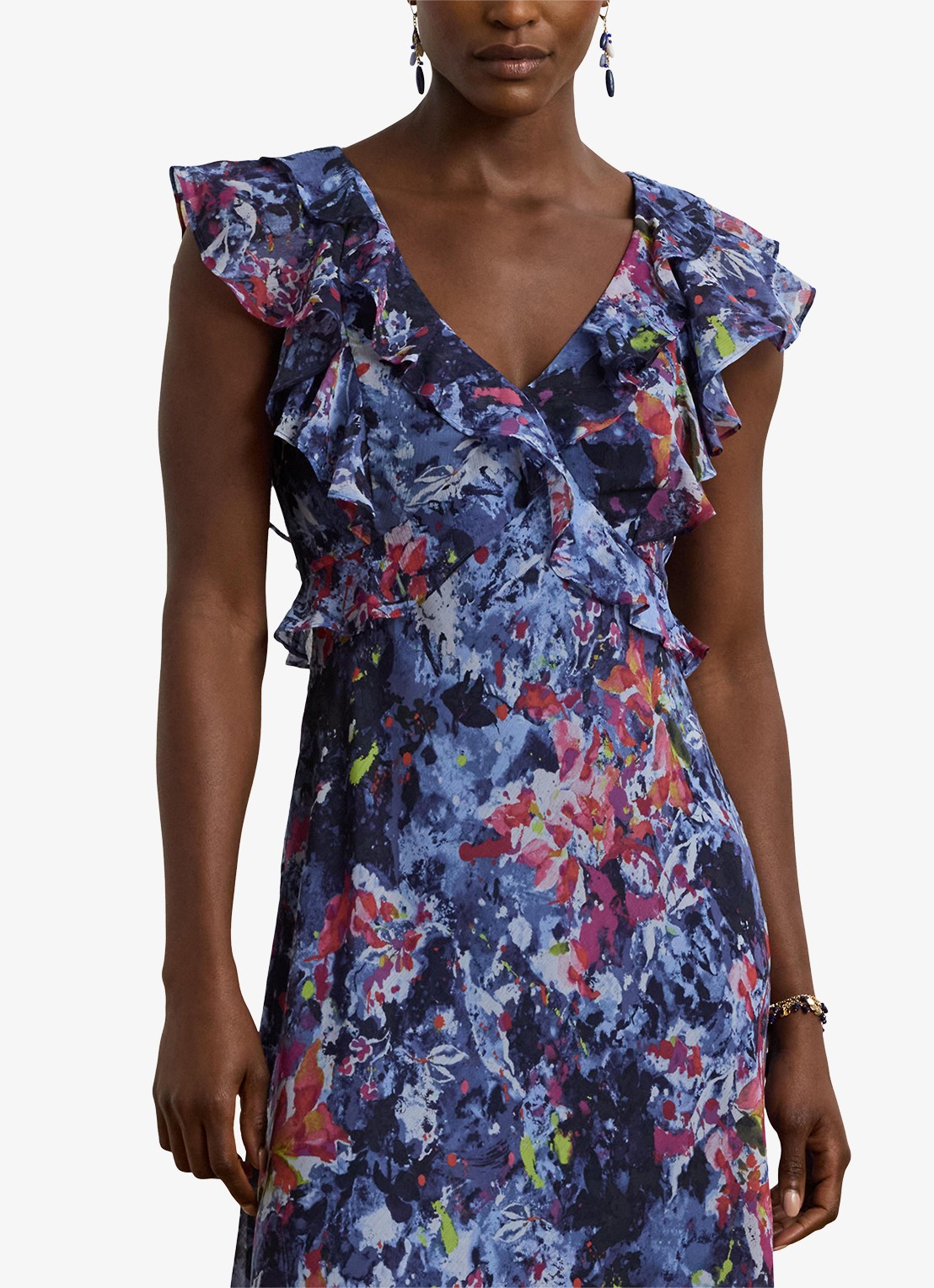 Ralph Lauren Midi jurk met ruches en print - detail 2 blue multi / blauw