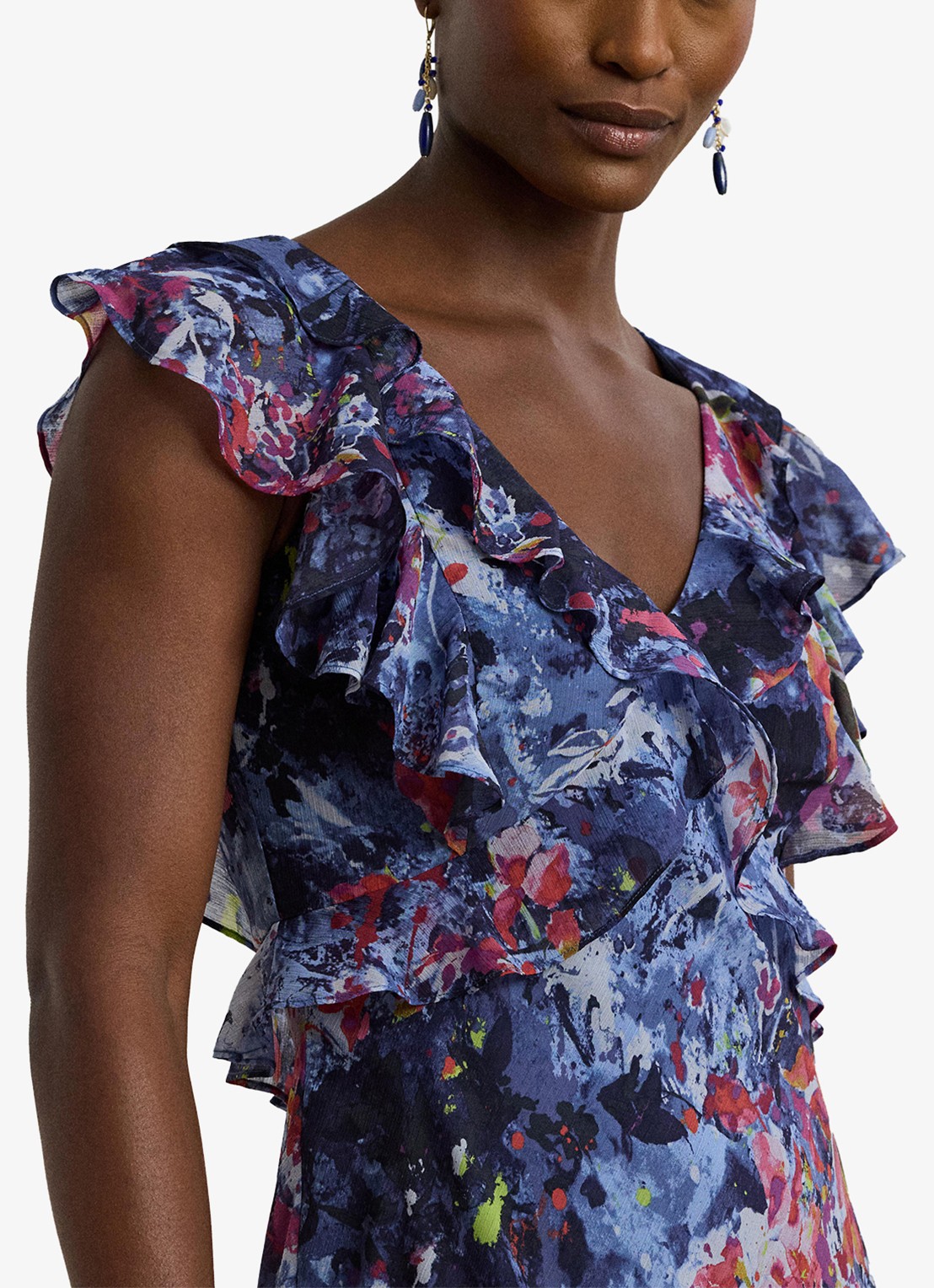 Ralph Lauren Midi jurk met ruches en print - detail 3 blue multi / blauw