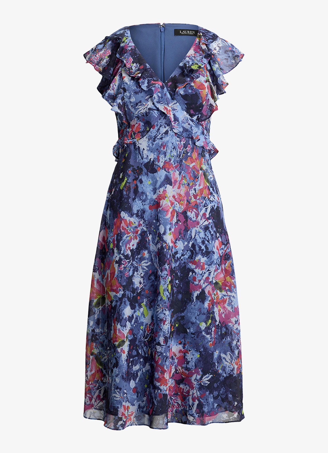 Ralph Lauren Midi jurk met ruches en print - voorkant 4 blue multi / blauw