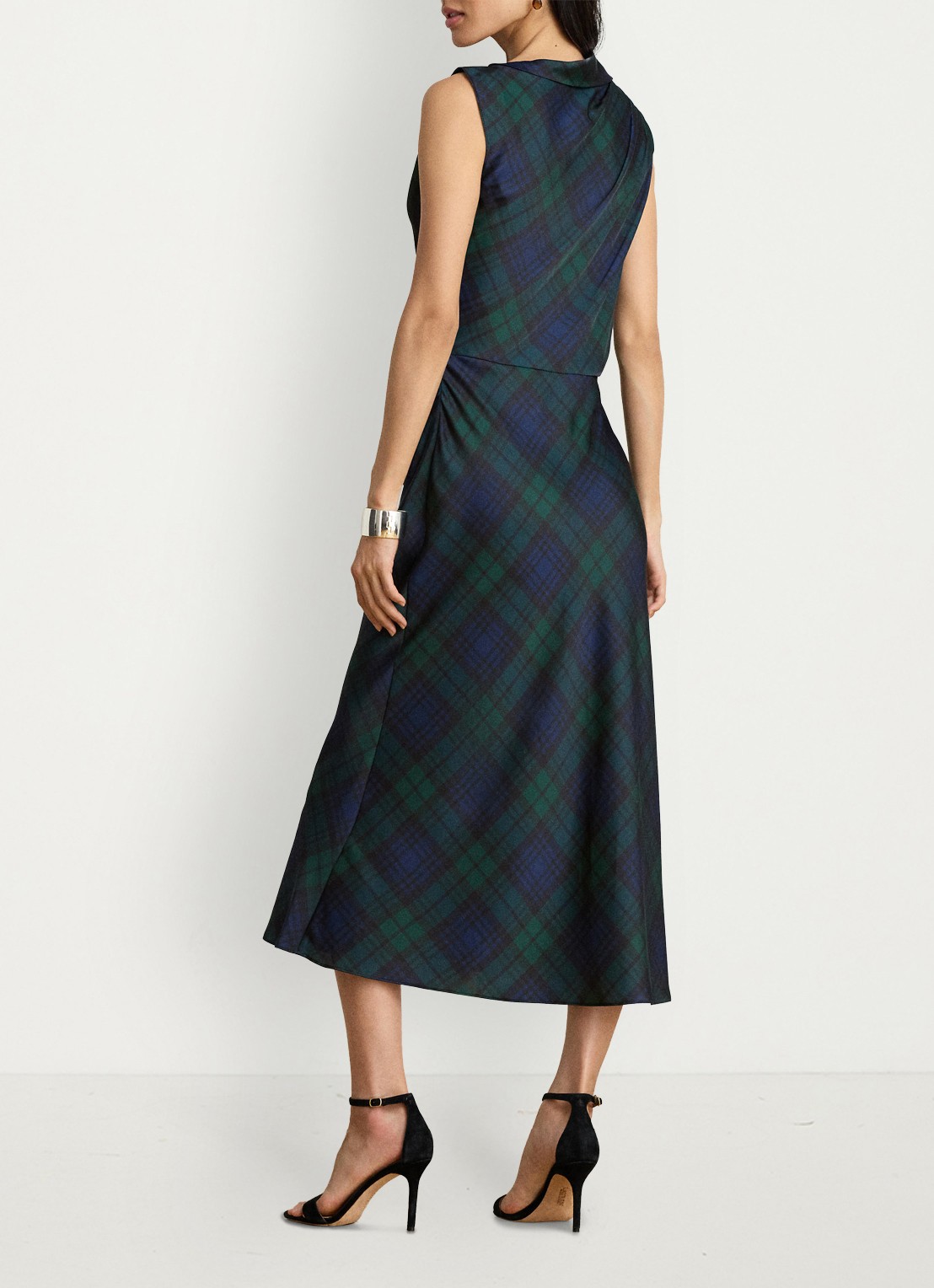 Ralph Lauren Midi jurk met ruitdessin en watervalhals - achterkant 5 navy/green/black / blauw/groen/zwart